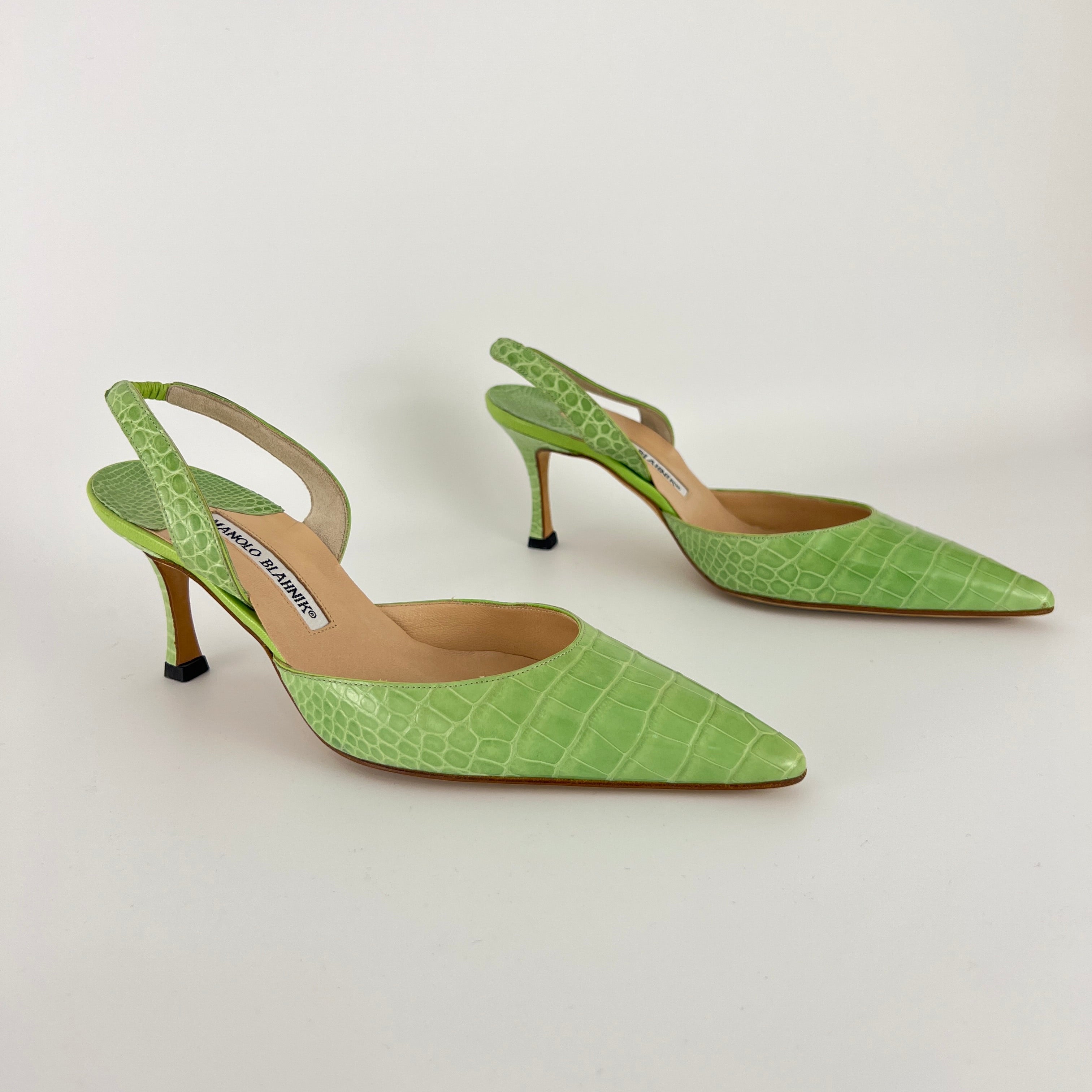 Manolo Blahnik | Carolyne Green Croc Embossed Leather Pointed Toe Slingback (37.5)
