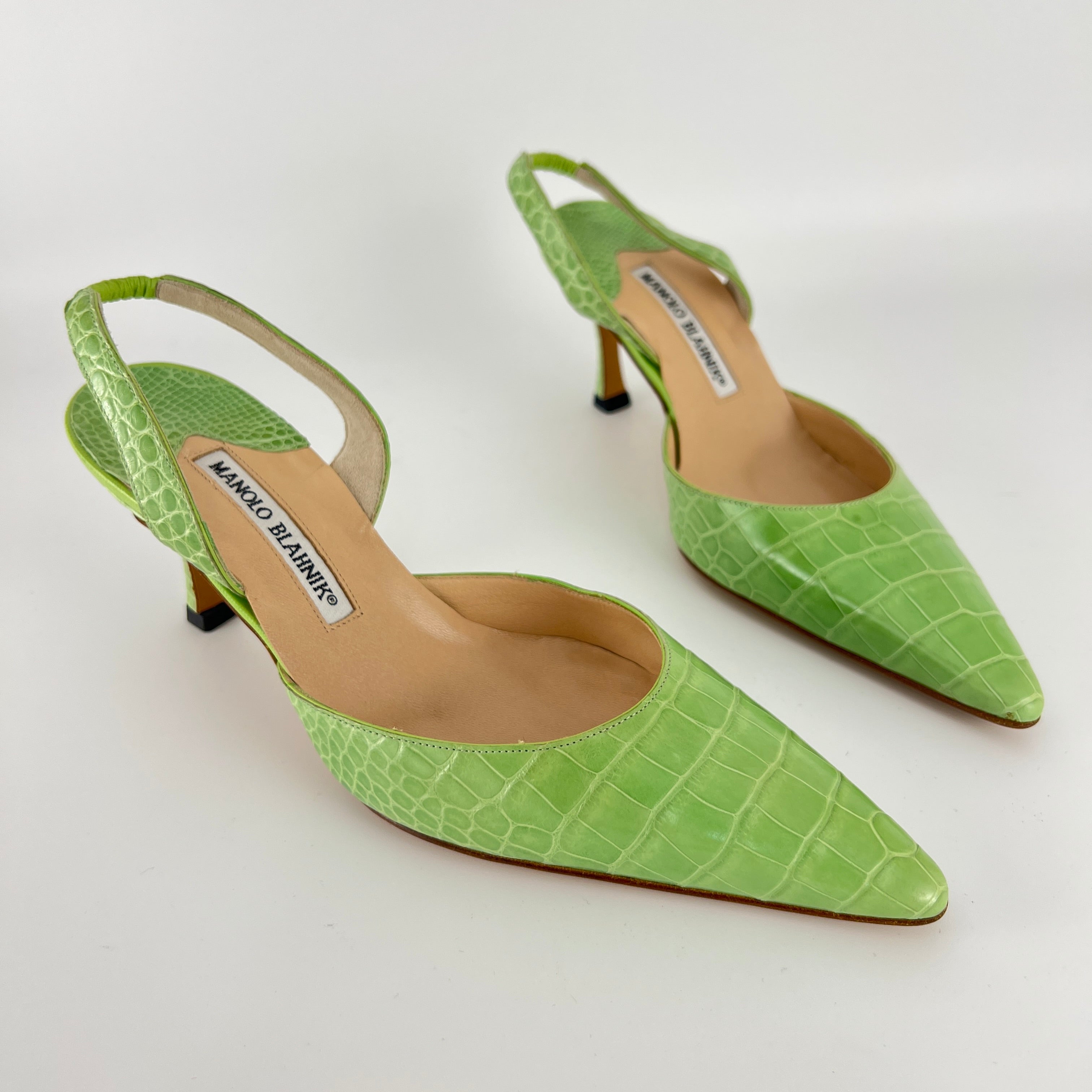 Manolo Blahnik | Carolyne Green Croc Embossed Leather Pointed Toe Slingback (37.5)