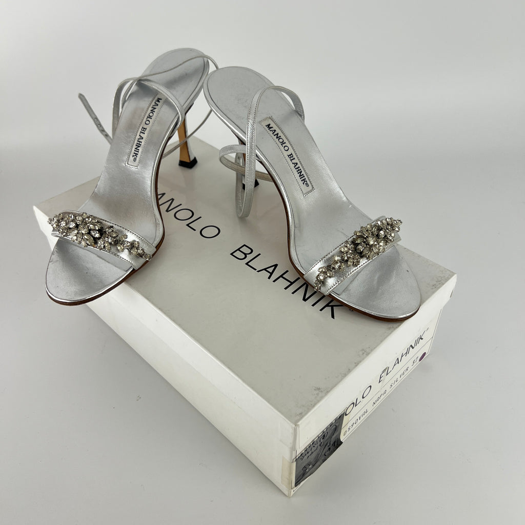 Manolo Blahnik | Vintage Lafefeba Metallic Silver Leather Jewel Strap Ankle Wrap Heels (37)