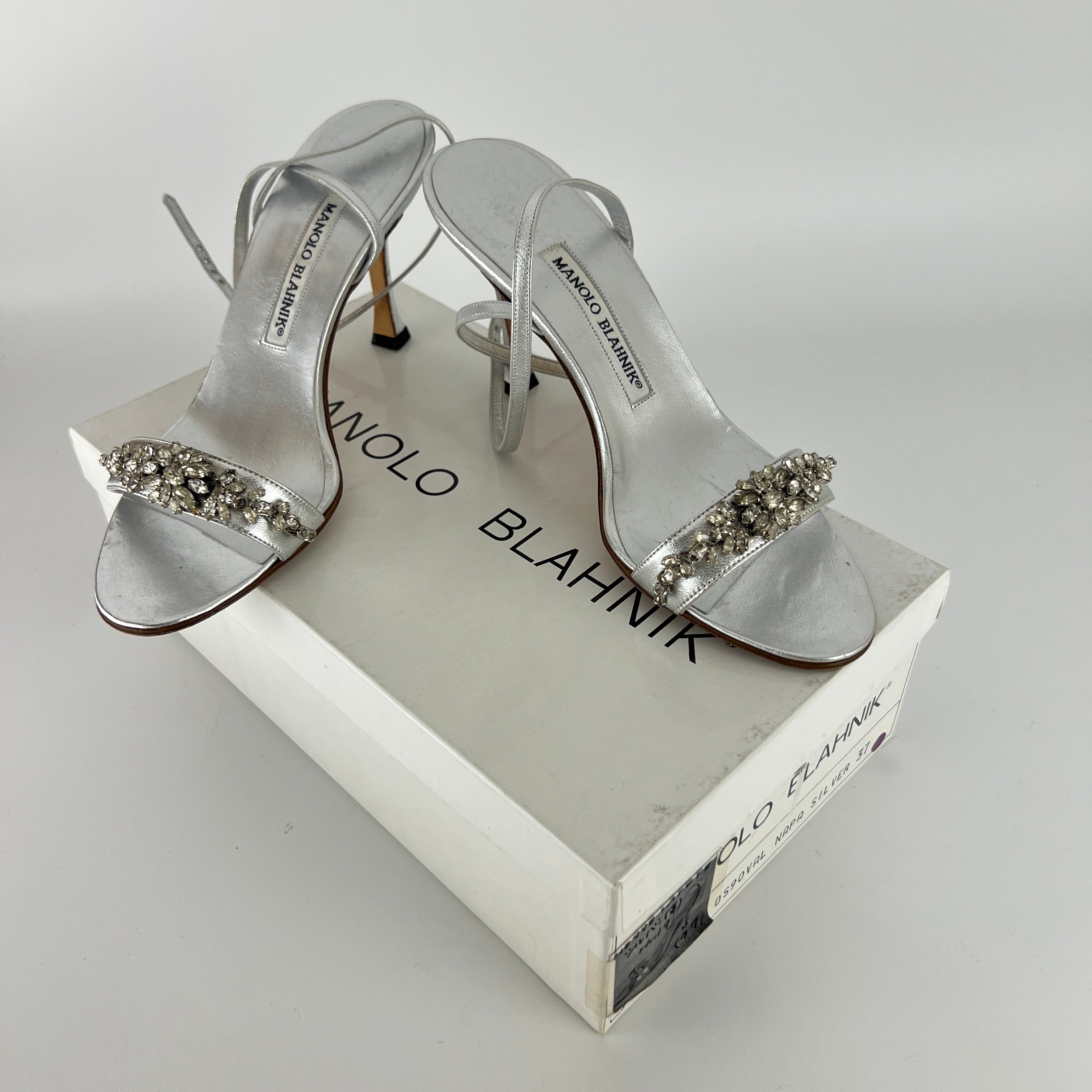 Manolo Blahnik | Vintage Lafefeba Metallic Silver Leather Jewel Strap Ankle Wrap Heels (37)