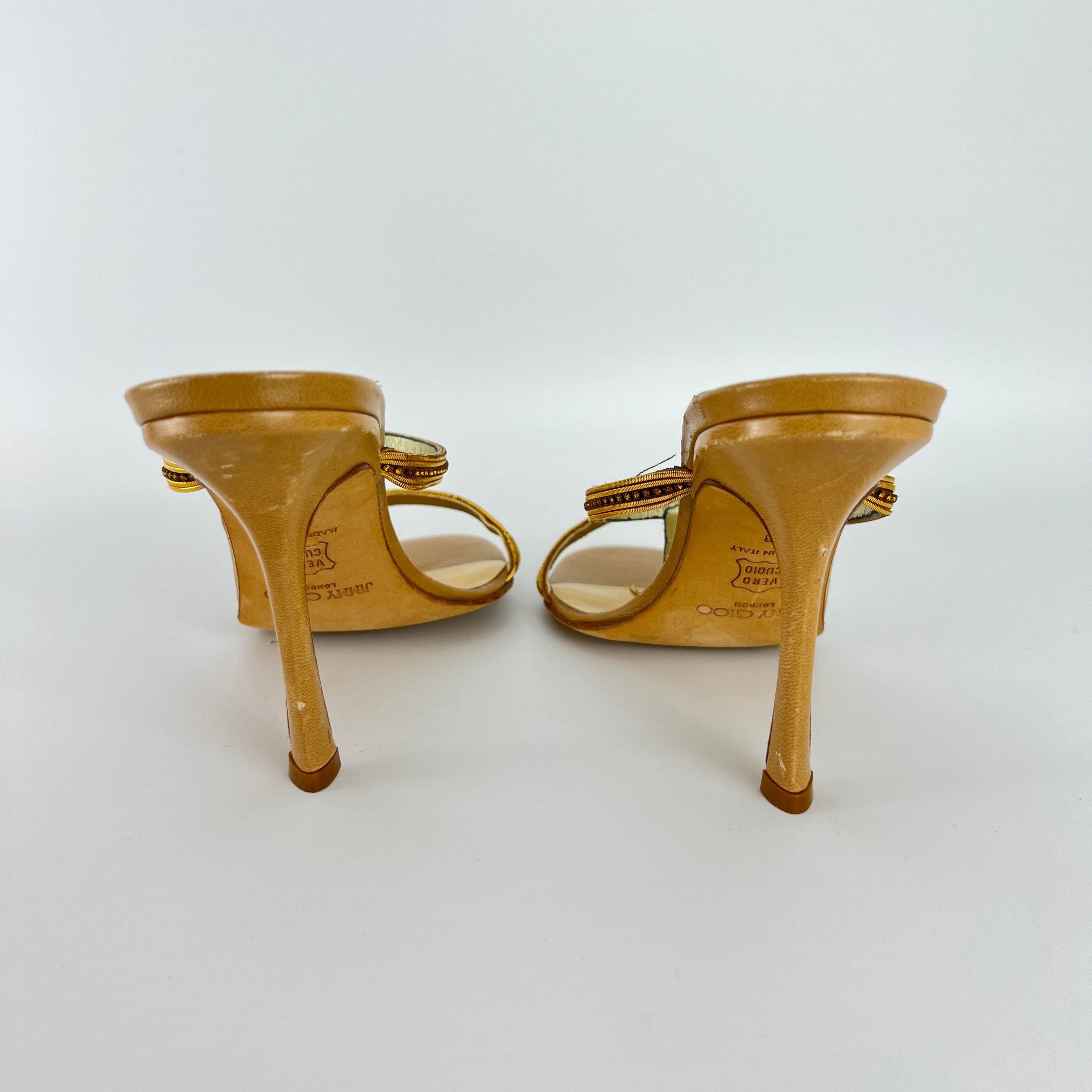 Jimmy Choo | Vintage Gold Fringe Nude Leather Strappy Stiletto Heels (38)