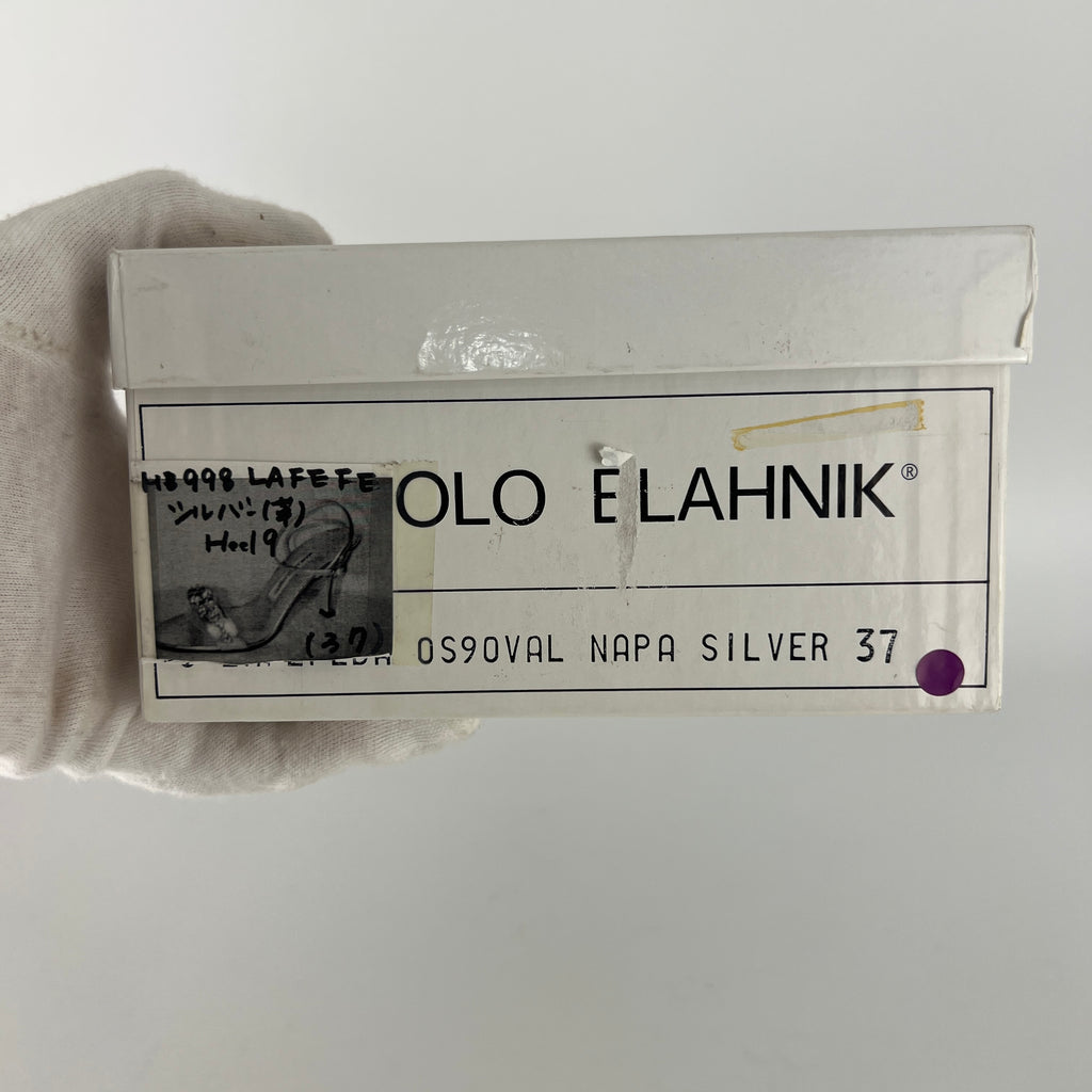 Manolo Blahnik | Vintage Lafefeba Metallic Silver Leather Jewel Strap Ankle Wrap Heels (37)