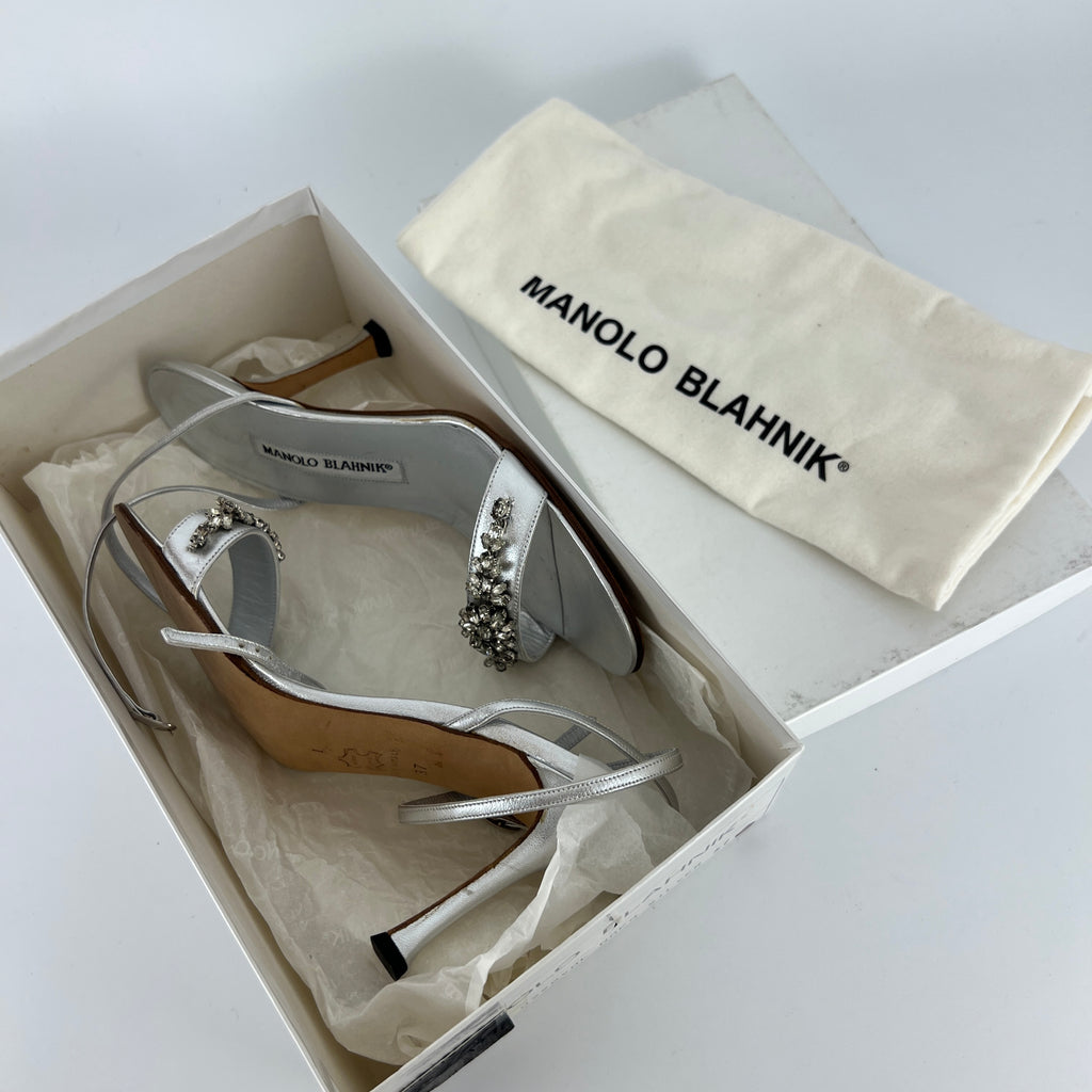 Manolo Blahnik | Vintage Lafefeba Metallic Silver Leather Jewel Strap Ankle Wrap Heels (37)