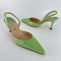 Manolo Blahnik | Carolyne Green Croc Embossed Leather Pointed Toe Slingback (37.5)