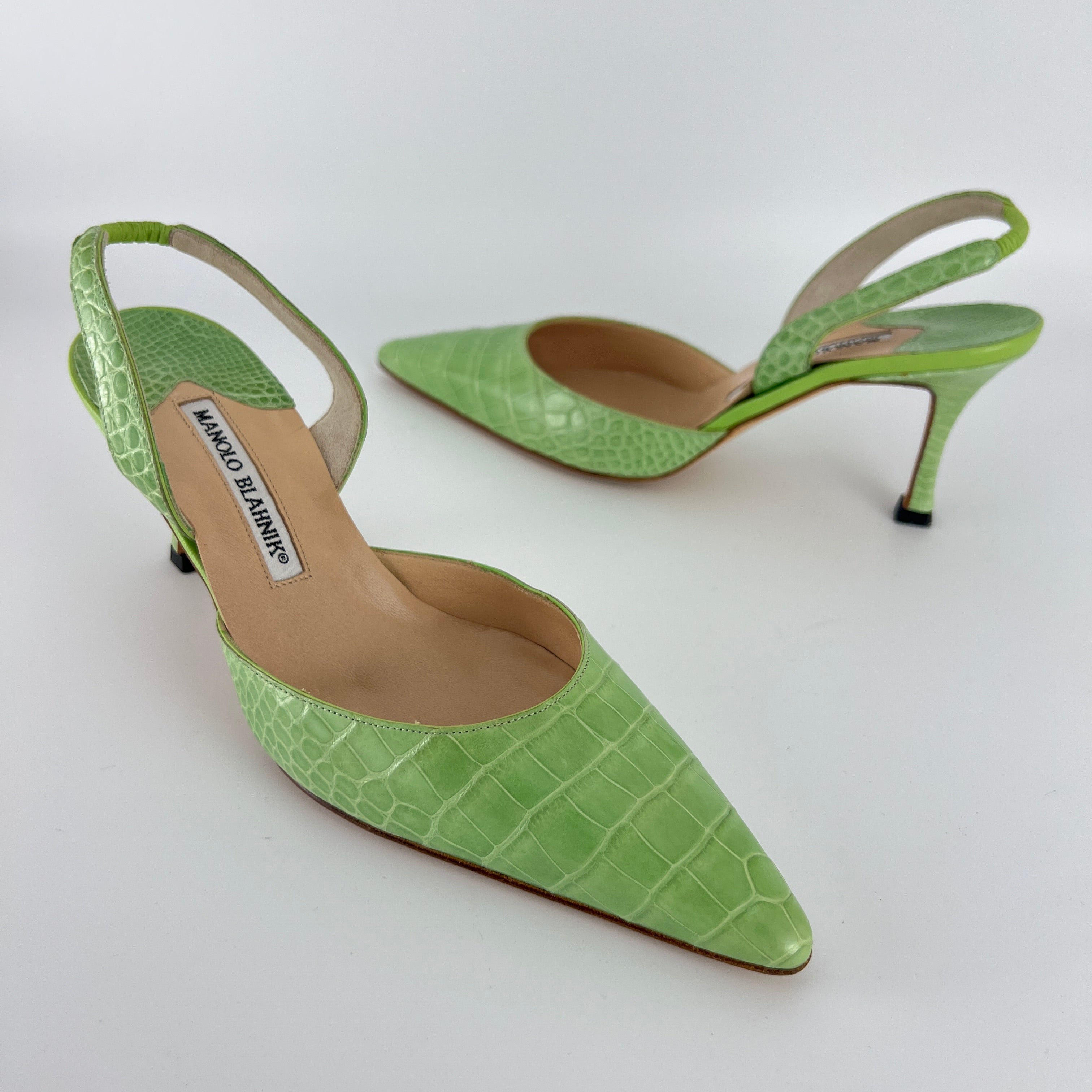 Manolo Blahnik | Carolyne Green Croc Embossed Leather Pointed Toe Slingback (37.5)