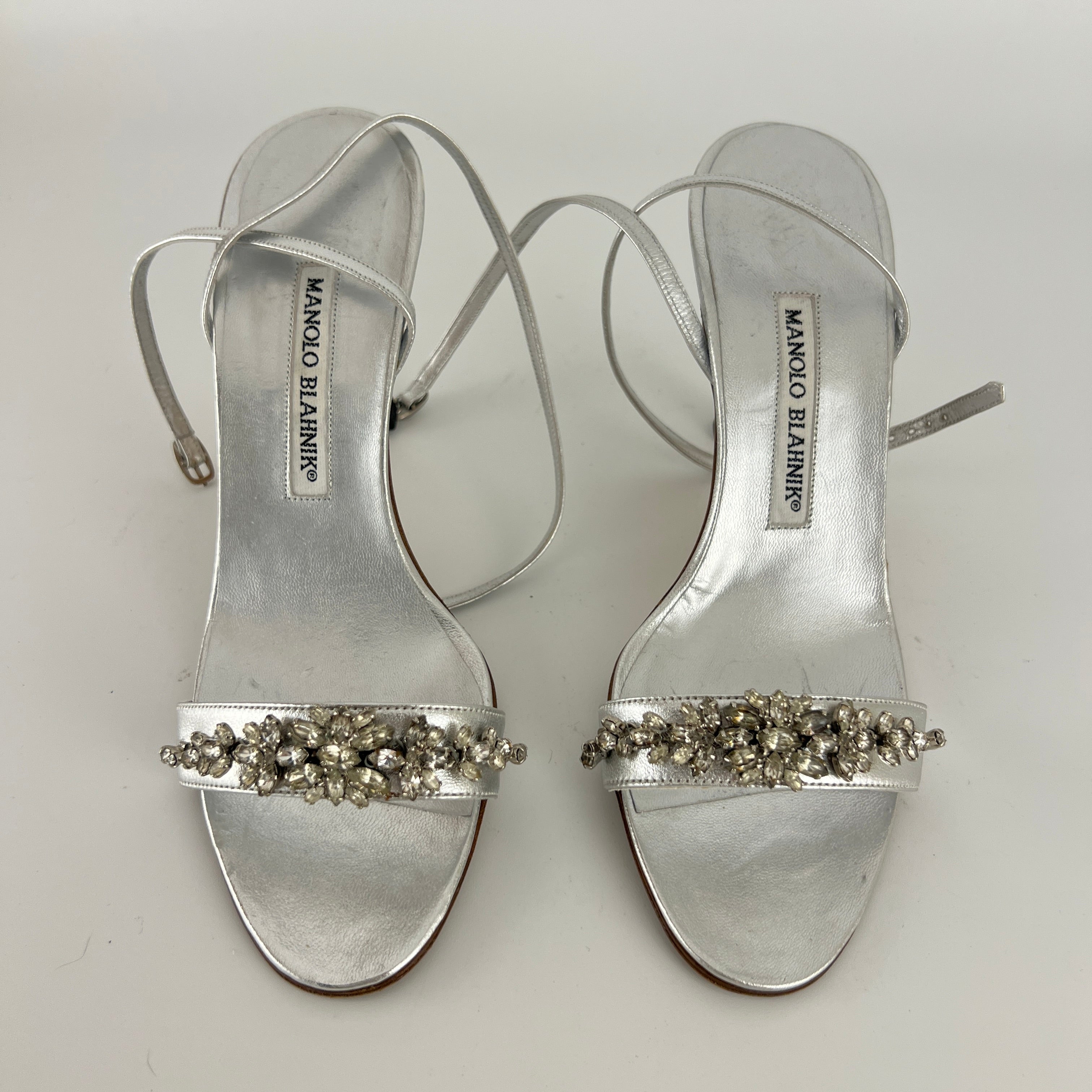 Manolo Blahnik | Vintage Lafefeba Metallic Silver Leather Jewel Strap Ankle Wrap Heels (37)