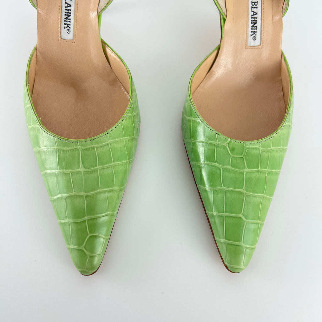 Manolo Blahnik | Carolyne Green Croc Embossed Leather Pointed Toe Slingback (37.5)