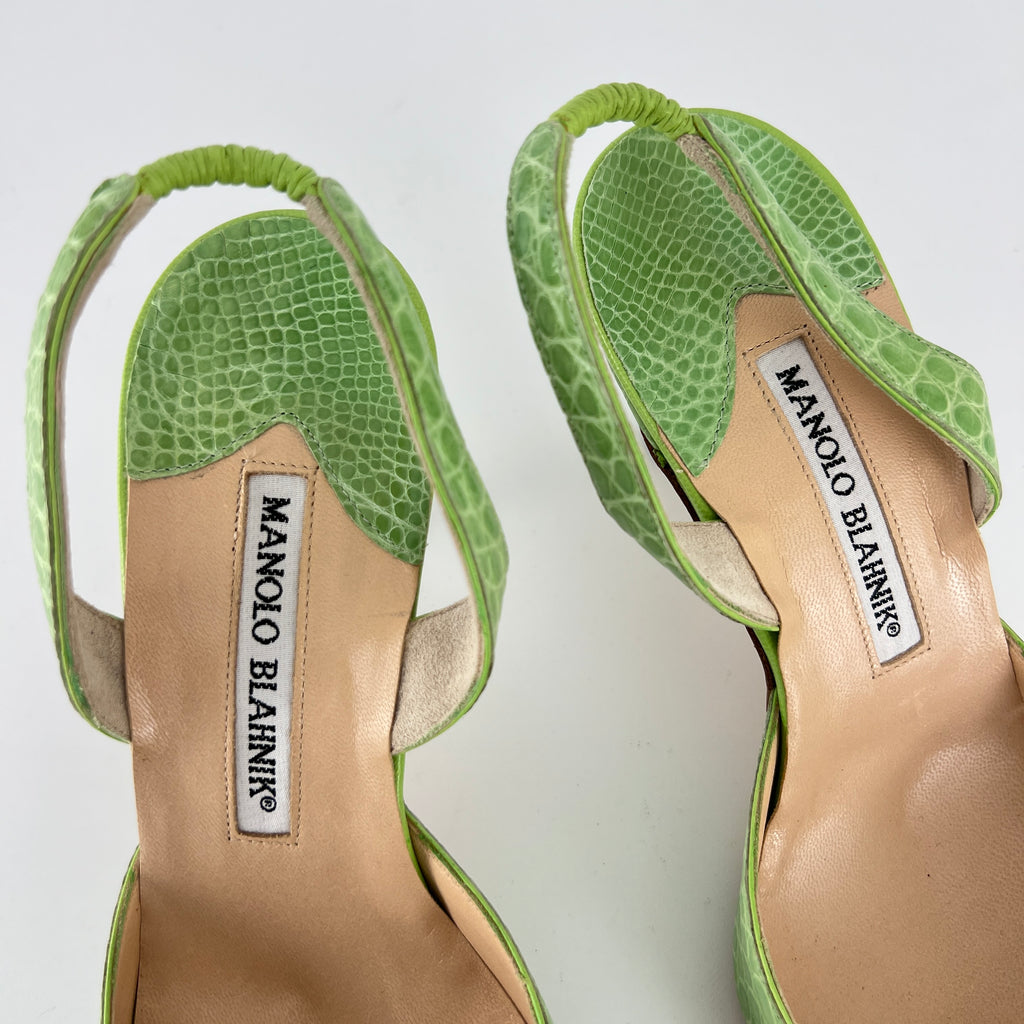 Manolo Blahnik | Carolyne Green Croc Embossed Leather Pointed Toe Slingback (37.5)
