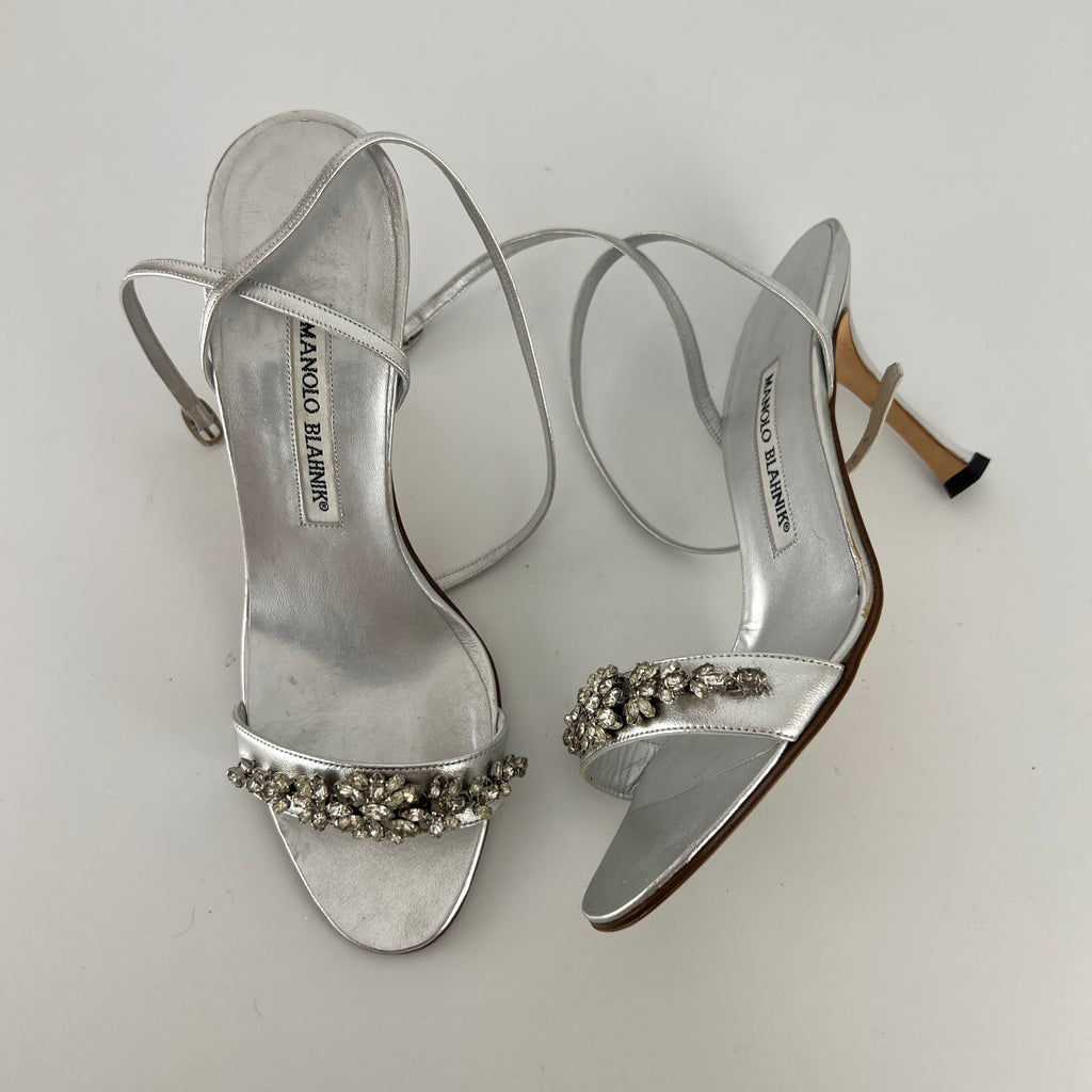 Manolo Blahnik | Vintage Lafefeba Metallic Silver Leather Jewel Strap Ankle Wrap Heels (37)
