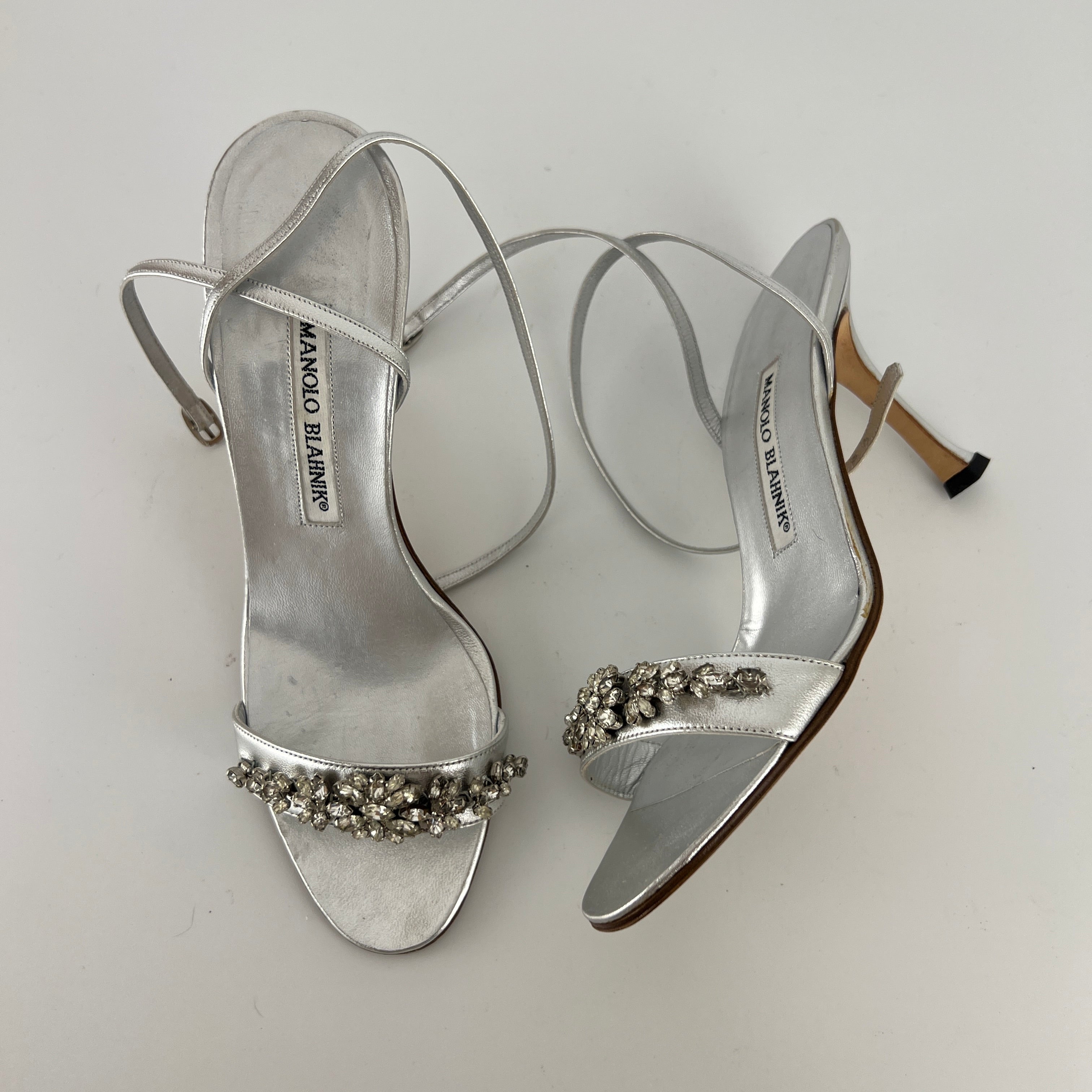 Manolo Blahnik | Vintage Lafefeba Metallic Silver Leather Jewel Strap Ankle Wrap Heels (37)