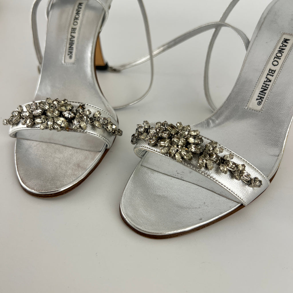 Manolo Blahnik | Vintage Lafefeba Metallic Silver Leather Jewel Strap Ankle Wrap Heels (37)