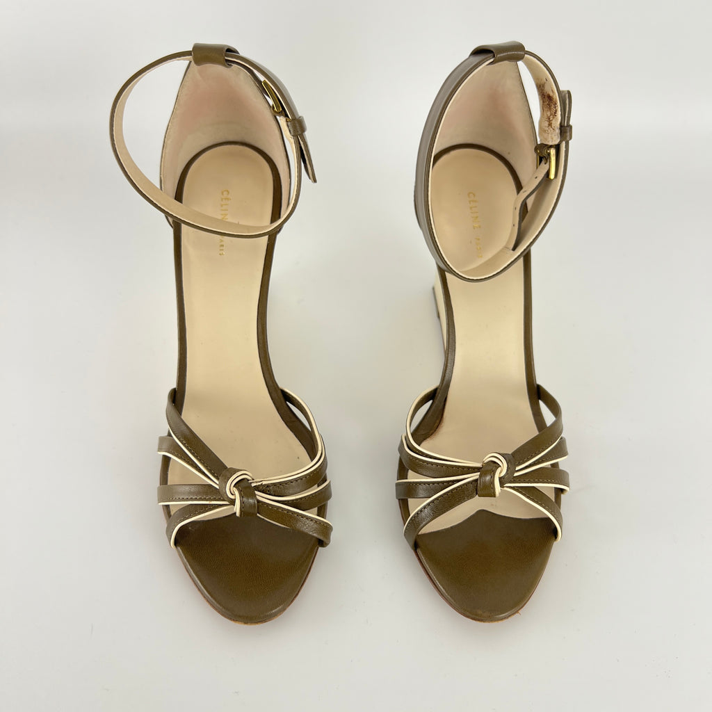 Celine | Olive Green Cream Leather Sandal Ankle Strap Wedge Heels (37)