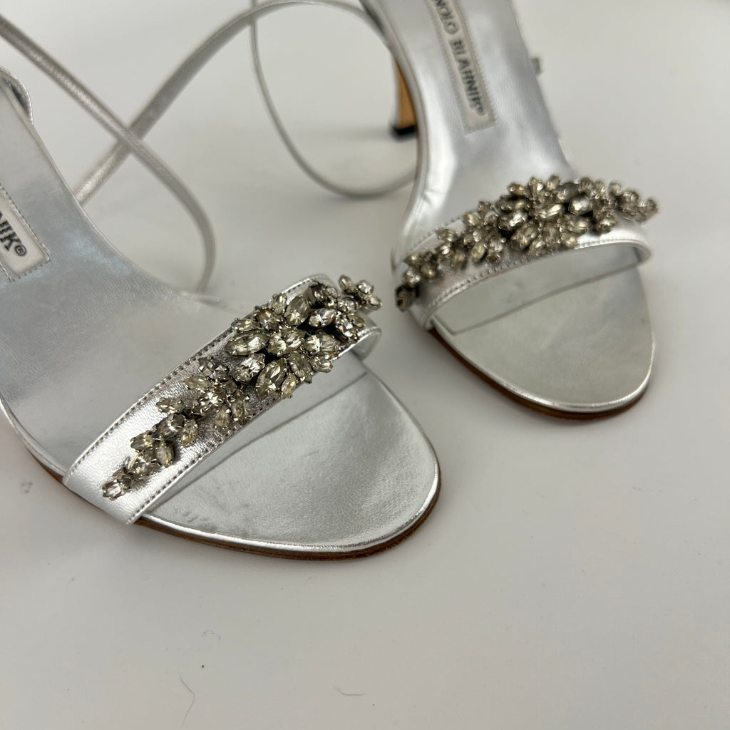 Manolo Blahnik | Vintage Lafefeba Metallic Silver Leather Jewel Strap Ankle Wrap Heels (37)