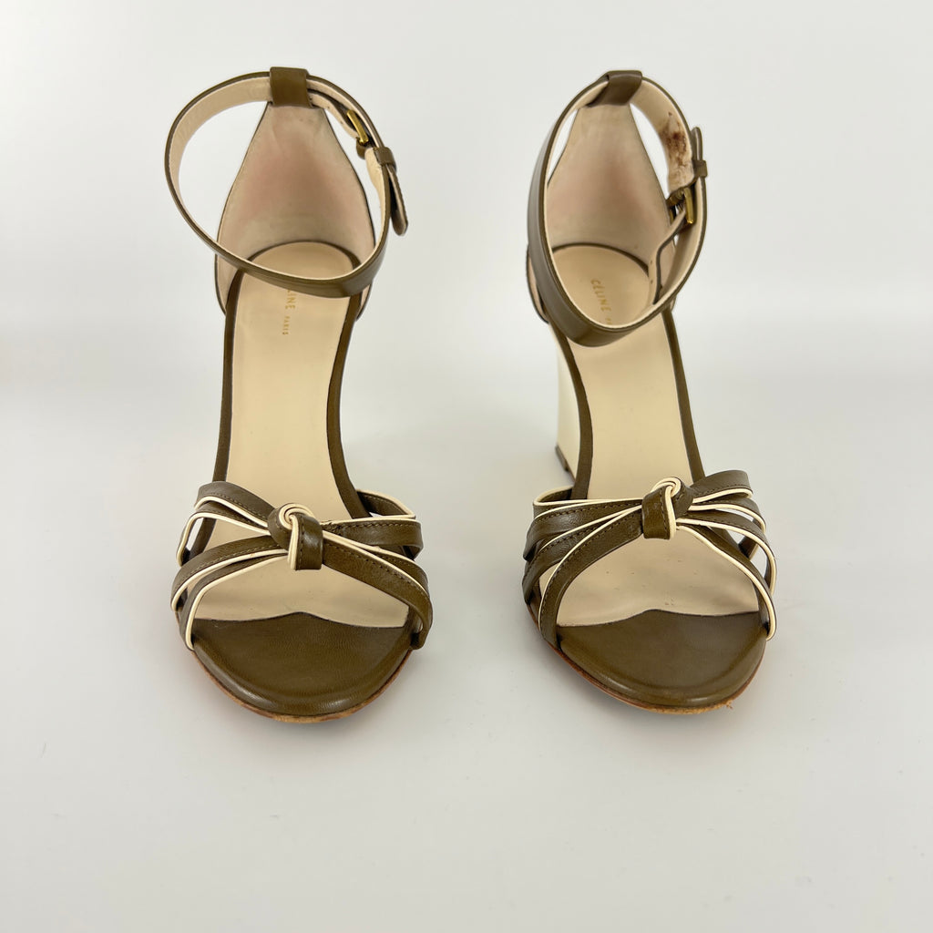 Celine | Olive Green Cream Leather Sandal Ankle Strap Wedge Heels (37)