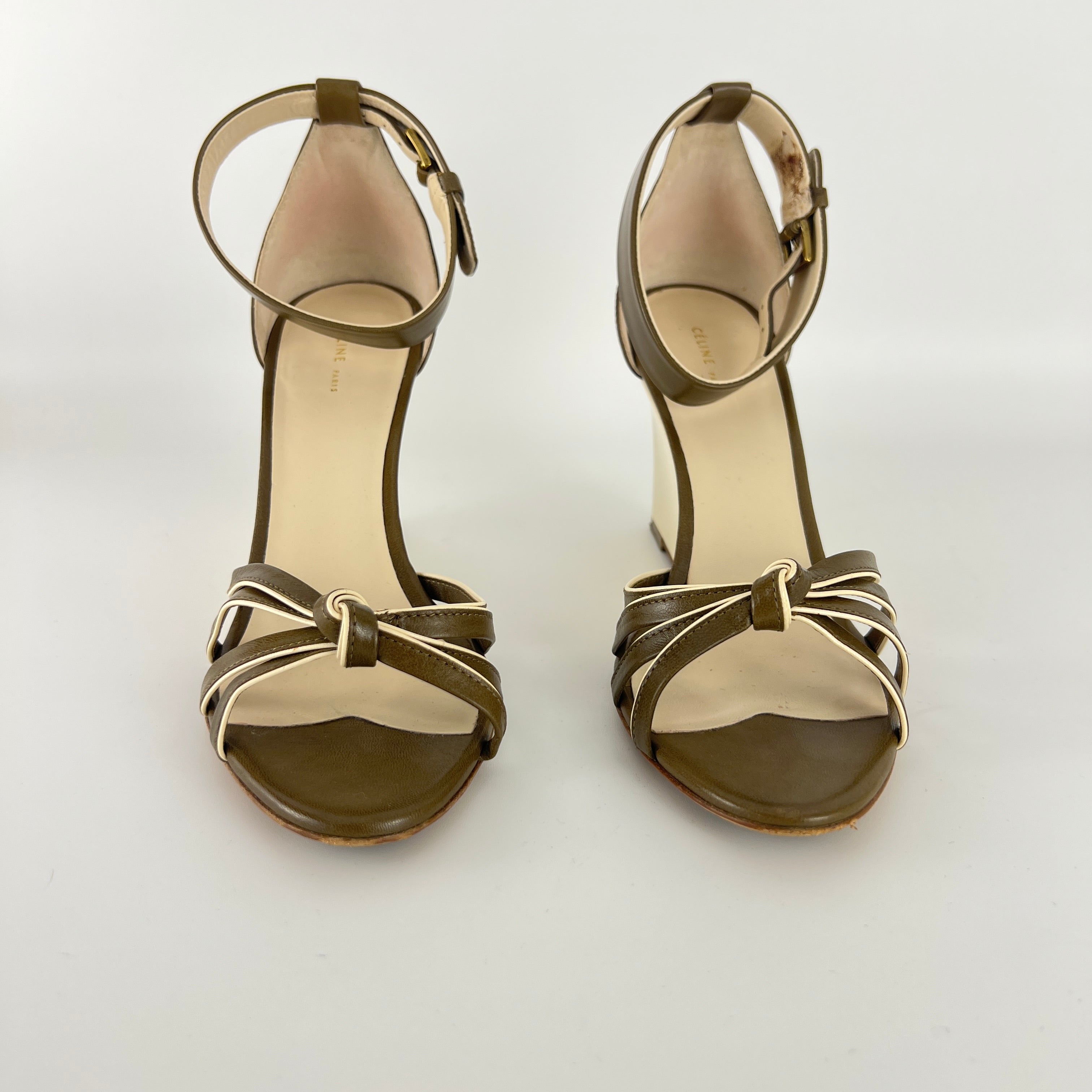 Celine | Olive Green Cream Leather Sandal Ankle Strap Wedge Heels (37)