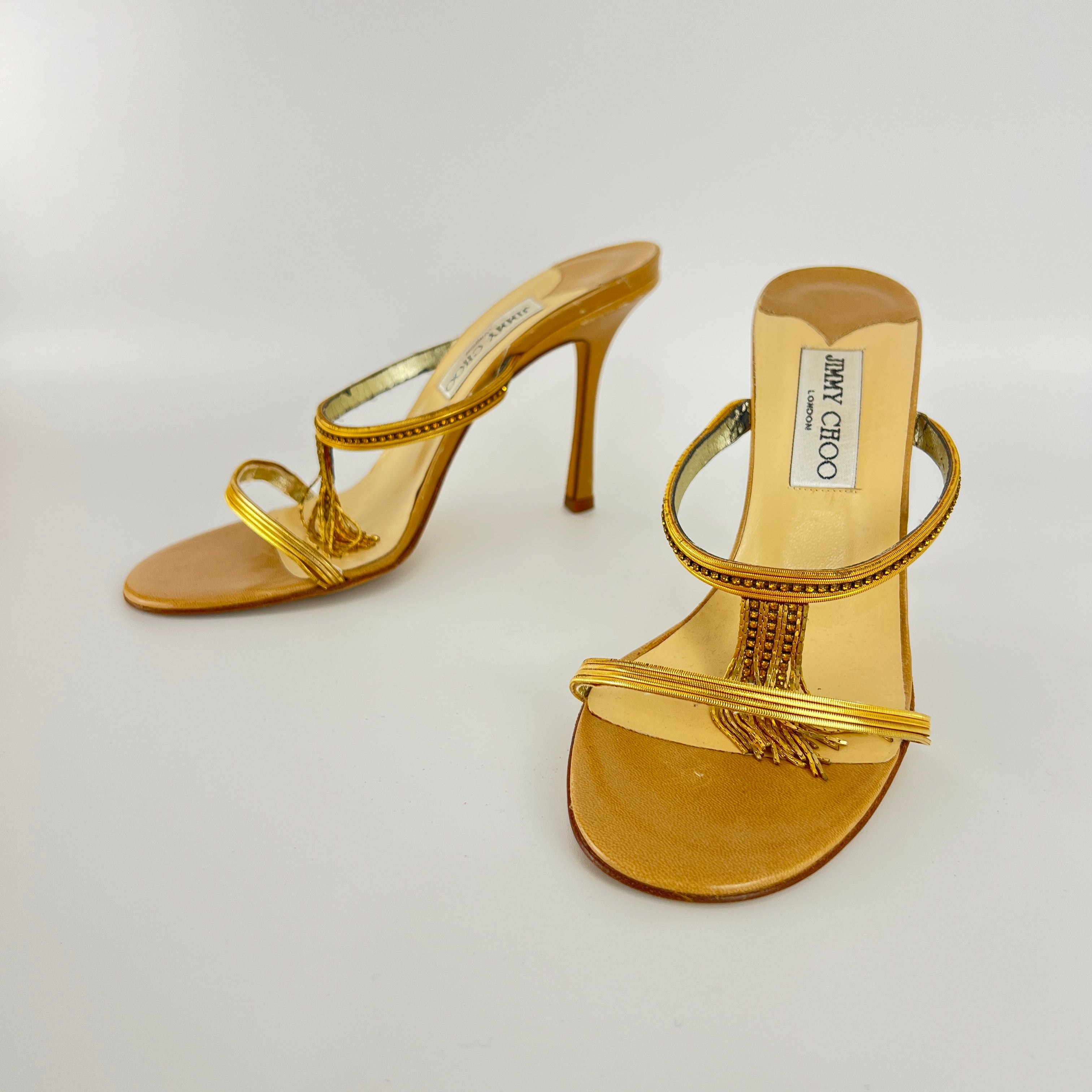 Jimmy Choo | Vintage Gold Fringe Nude Leather Strappy Stiletto Heels (38)