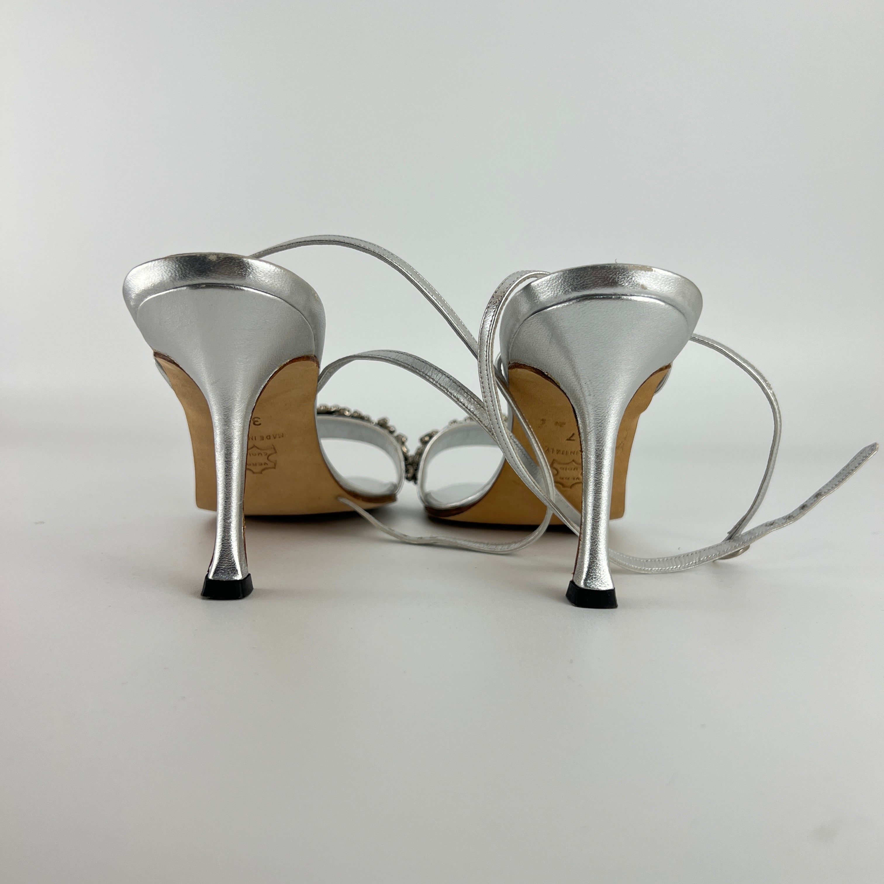Manolo Blahnik | Vintage Lafefeba Metallic Silver Leather Jewel Strap Ankle Wrap Heels (37)