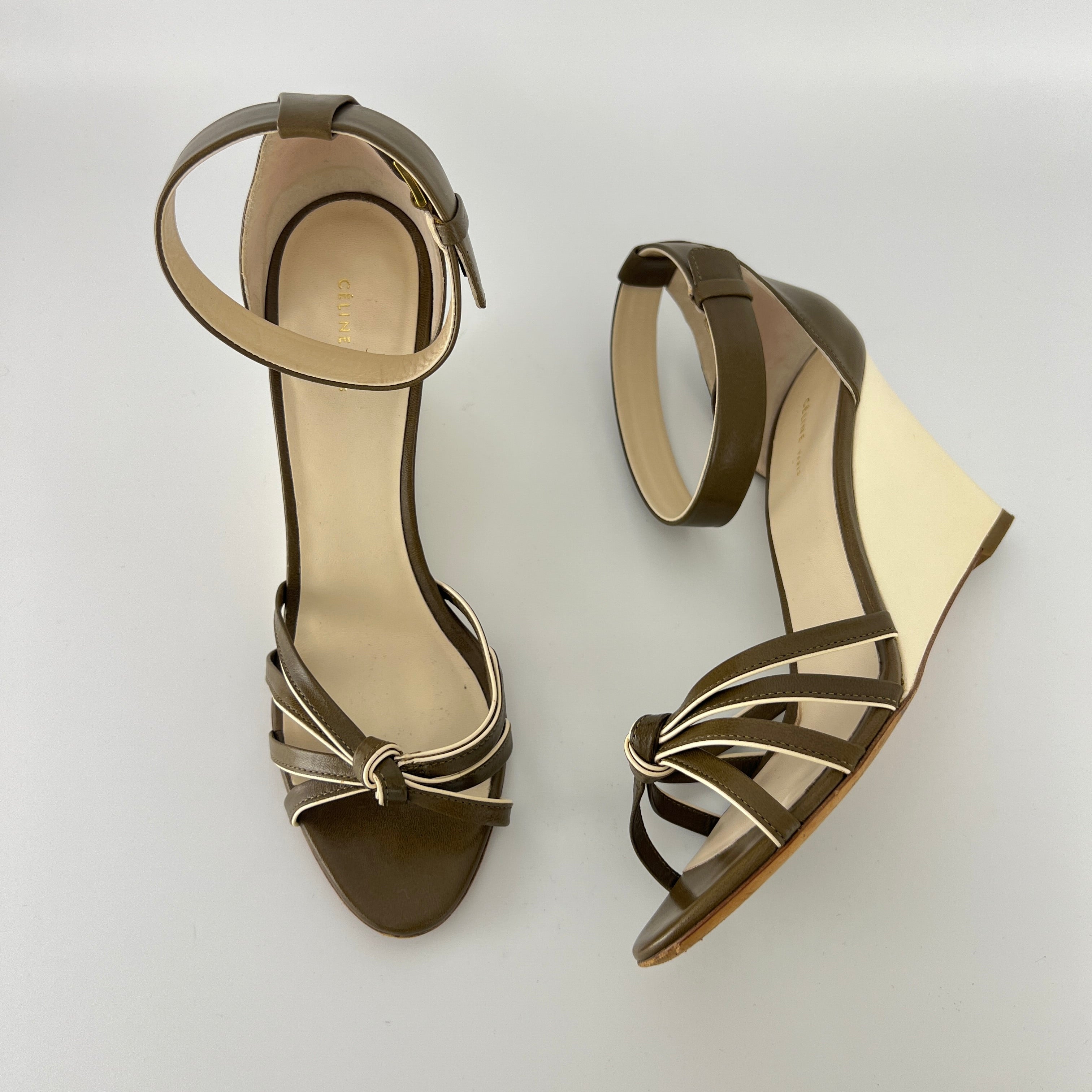 Celine | Olive Green Cream Leather Sandal Ankle Strap Wedge Heels (37)