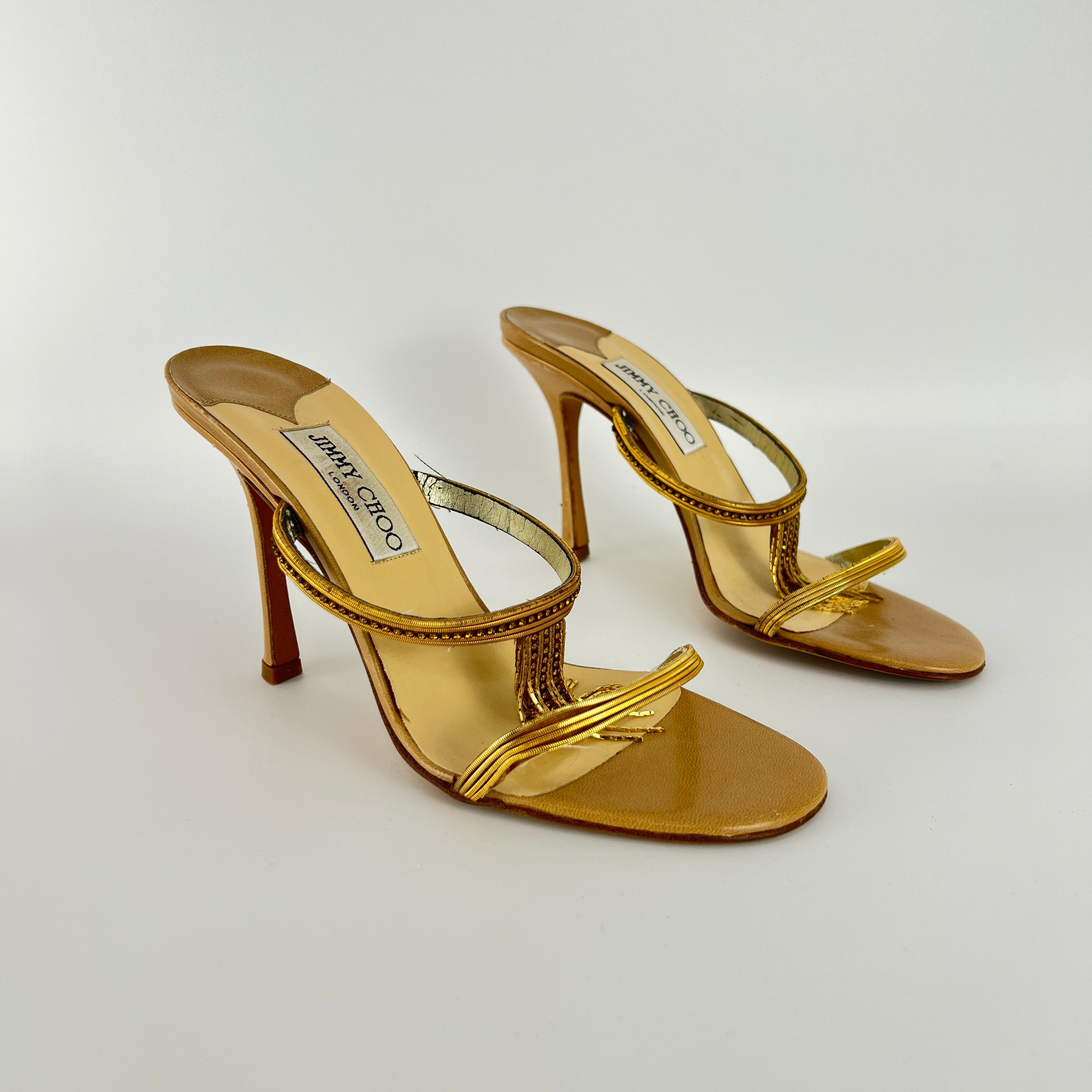 Jimmy Choo | Vintage Gold Fringe Nude Leather Strappy Stiletto Heels (38)