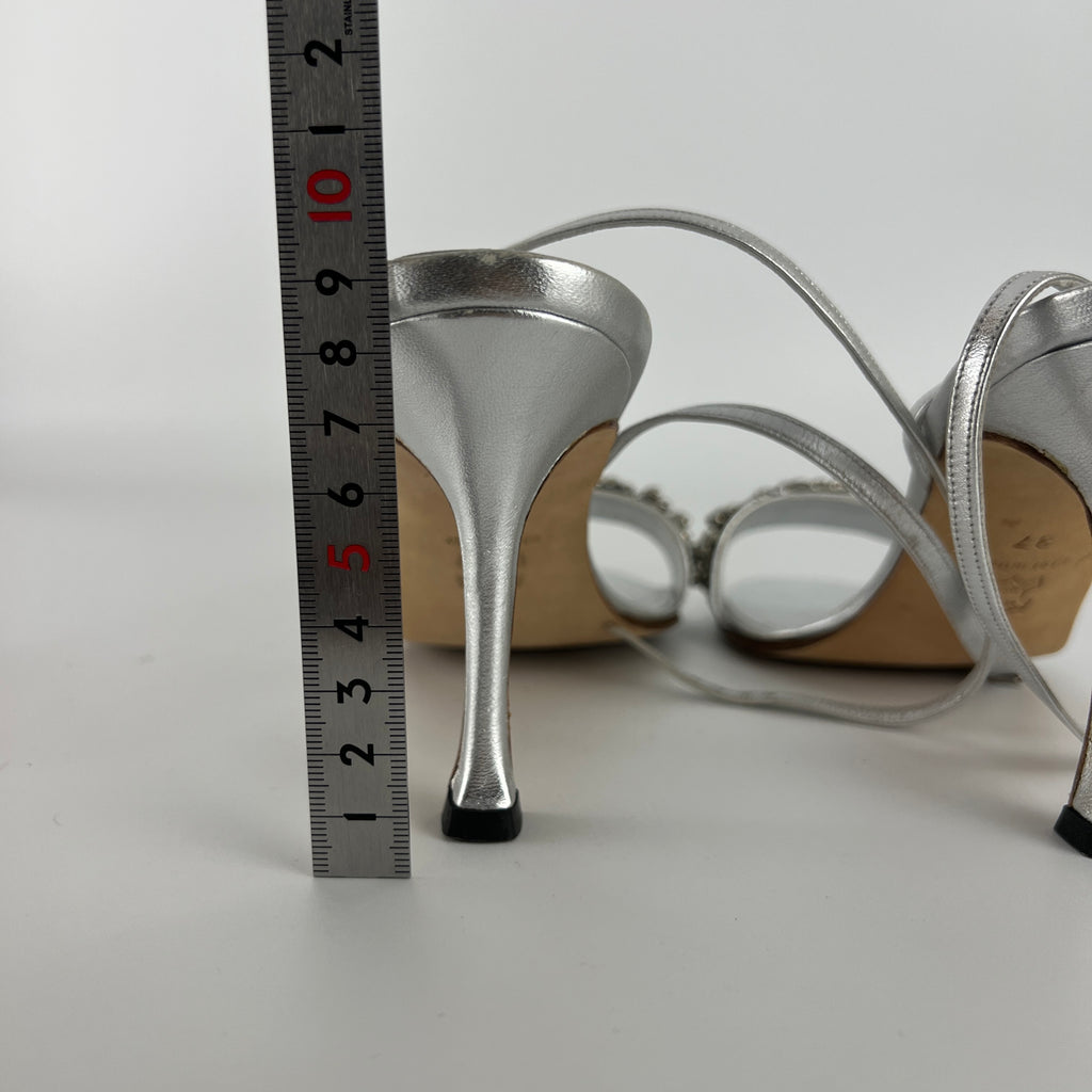 Manolo Blahnik | Vintage Lafefeba Metallic Silver Leather Jewel Strap Ankle Wrap Heels (37)