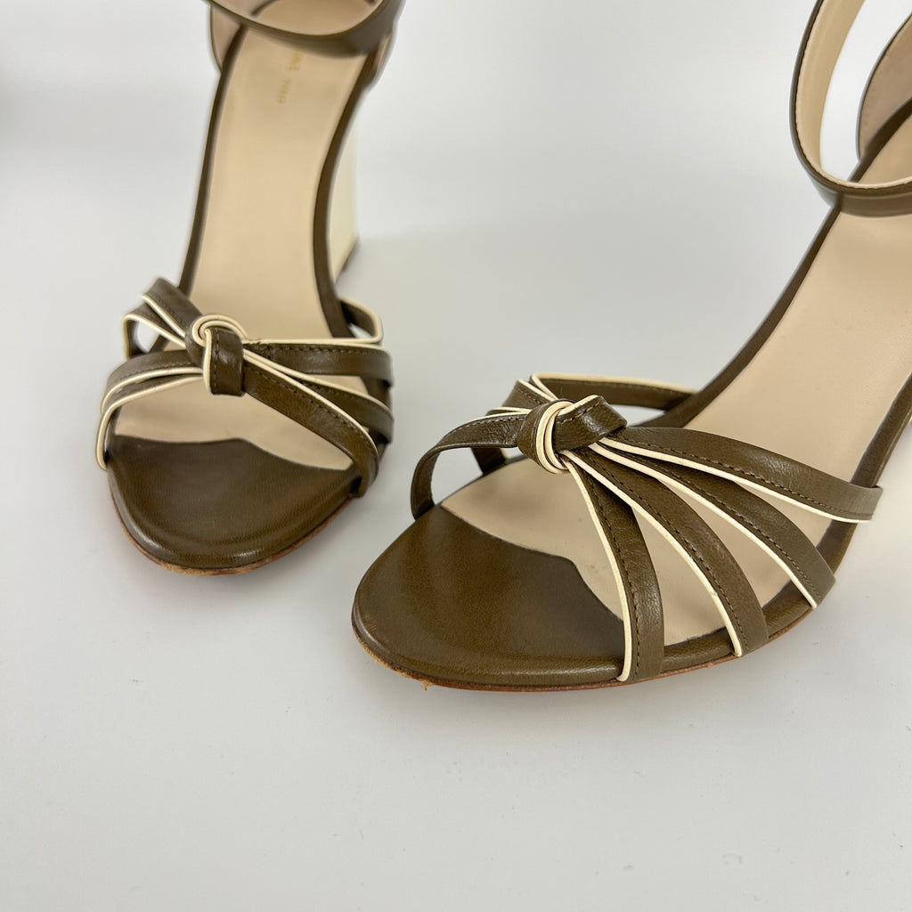 Celine | Olive Green Cream Leather Sandal Ankle Strap Wedge Heels (37)