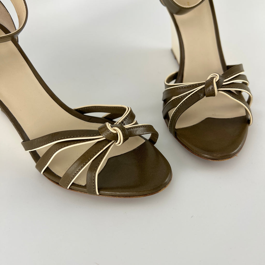 Celine | Olive Green Cream Leather Sandal Ankle Strap Wedge Heels (37)