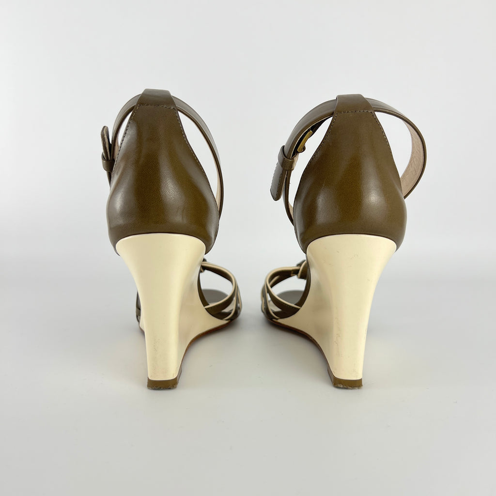 Celine | Olive Green Cream Leather Sandal Ankle Strap Wedge Heels (37)