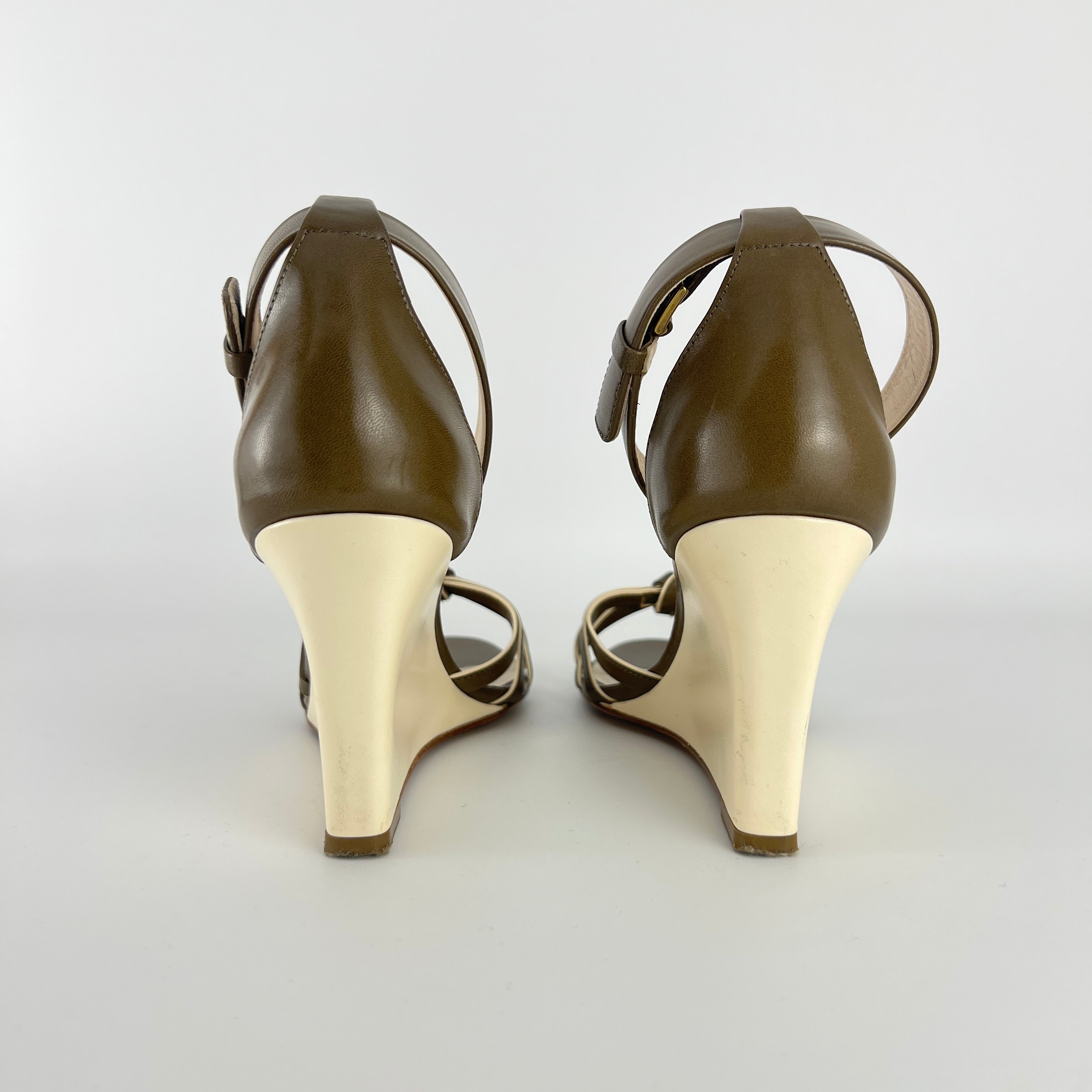Celine | Olive Green Cream Leather Sandal Ankle Strap Wedge Heels (37)
