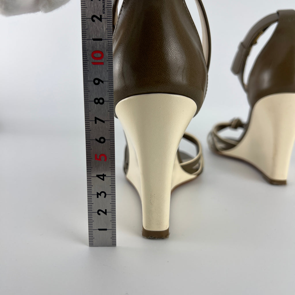 Celine | Olive Green Cream Leather Sandal Ankle Strap Wedge Heels (37)