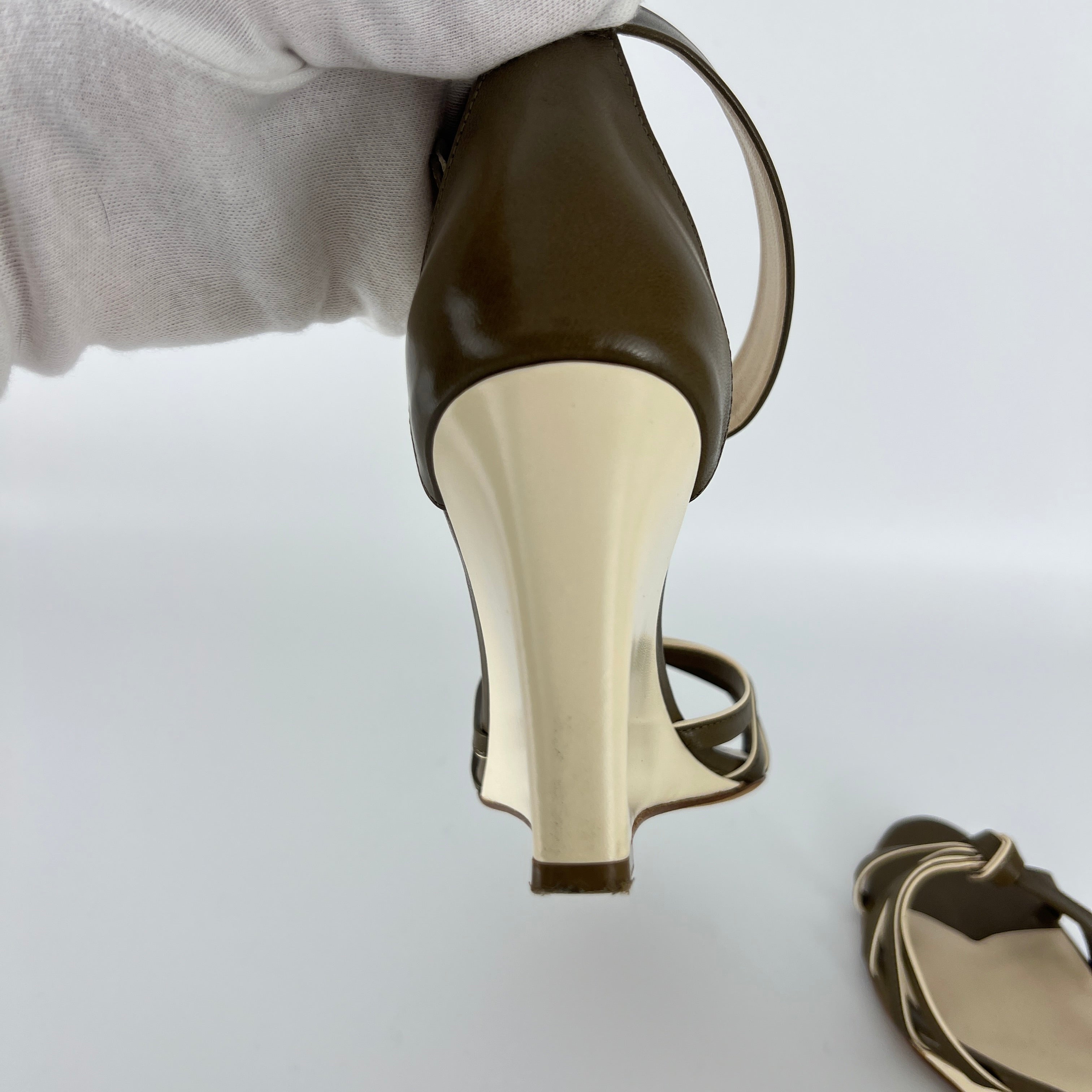 Celine | Olive Green Cream Leather Sandal Ankle Strap Wedge Heels (37)