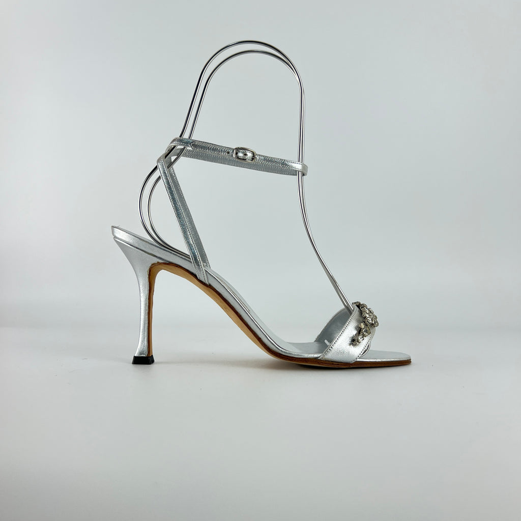 Manolo Blahnik | Vintage Lafefeba Metallic Silver Leather Jewel Strap Ankle Wrap Heels (37)