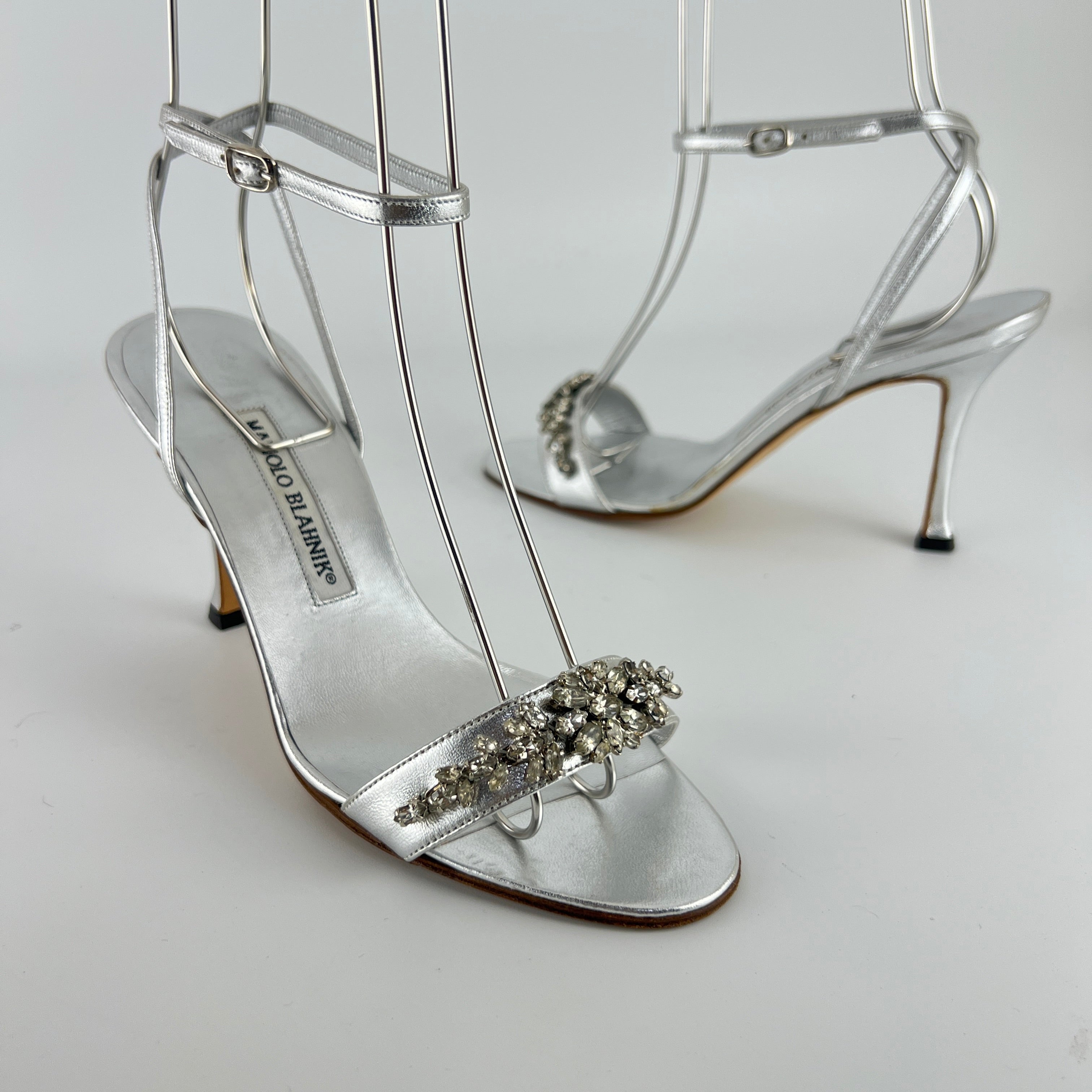Manolo Blahnik | Vintage Lafefeba Metallic Silver Leather Jewel Strap Ankle Wrap Heels (37)