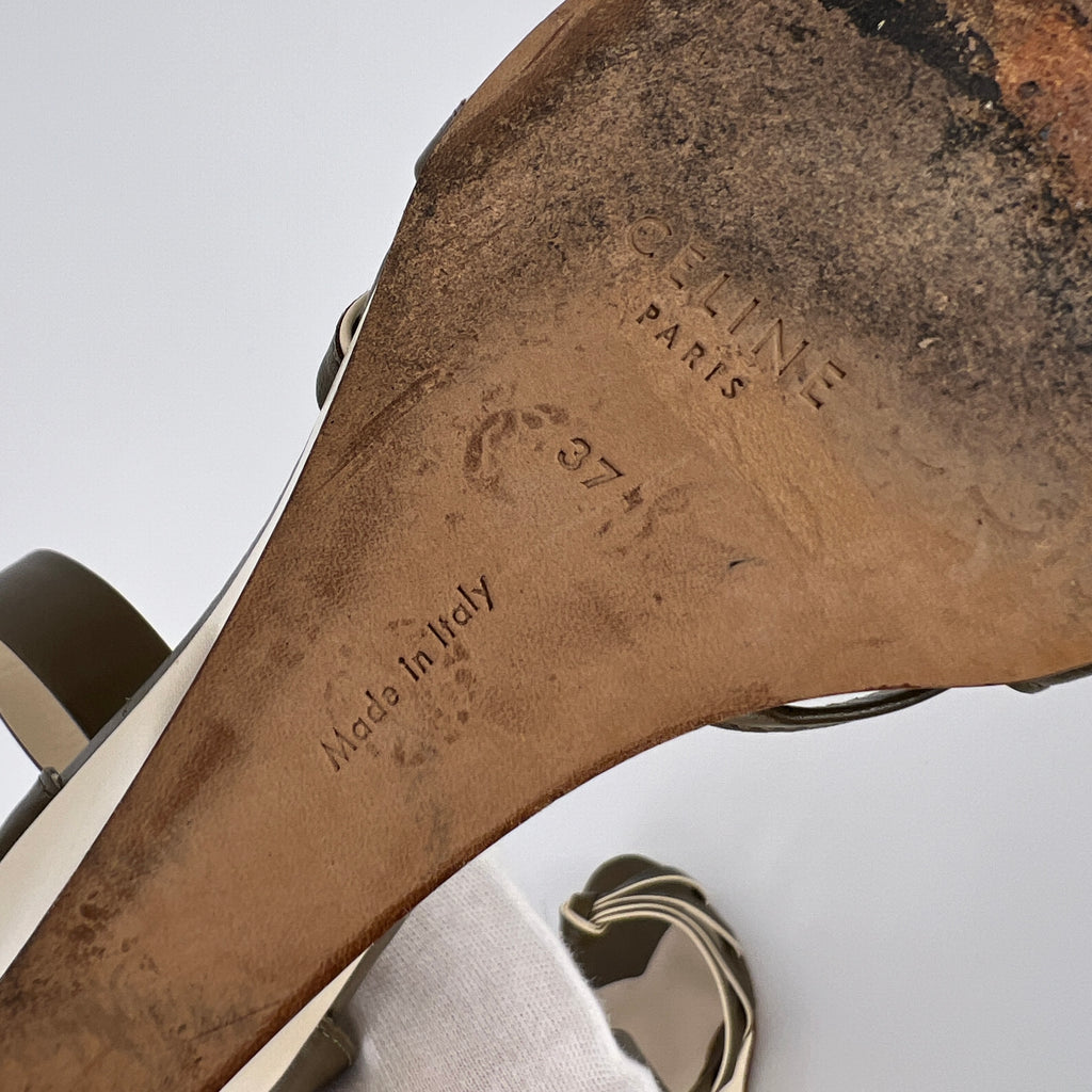Celine | Olive Green Cream Leather Sandal Ankle Strap Wedge Heels (37)
