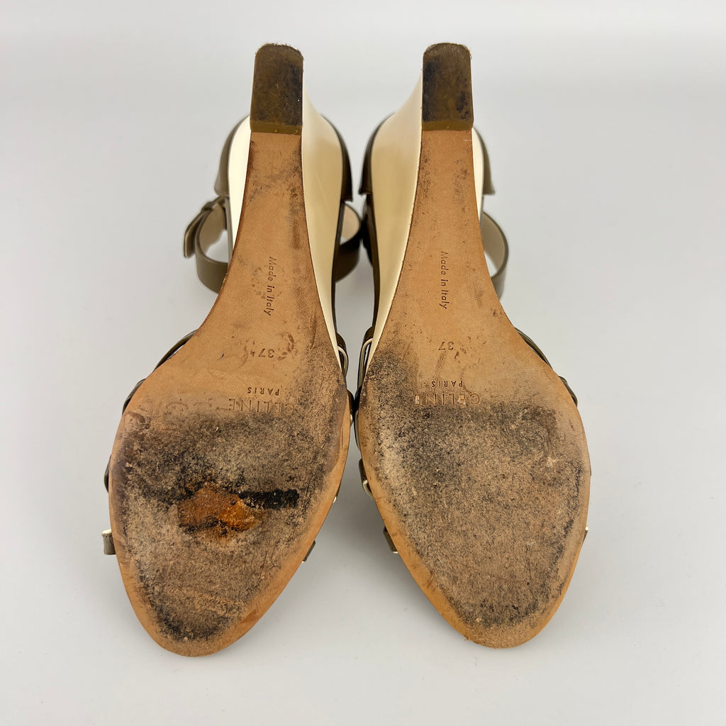 Celine | Olive Green Cream Leather Sandal Ankle Strap Wedge Heels (37)