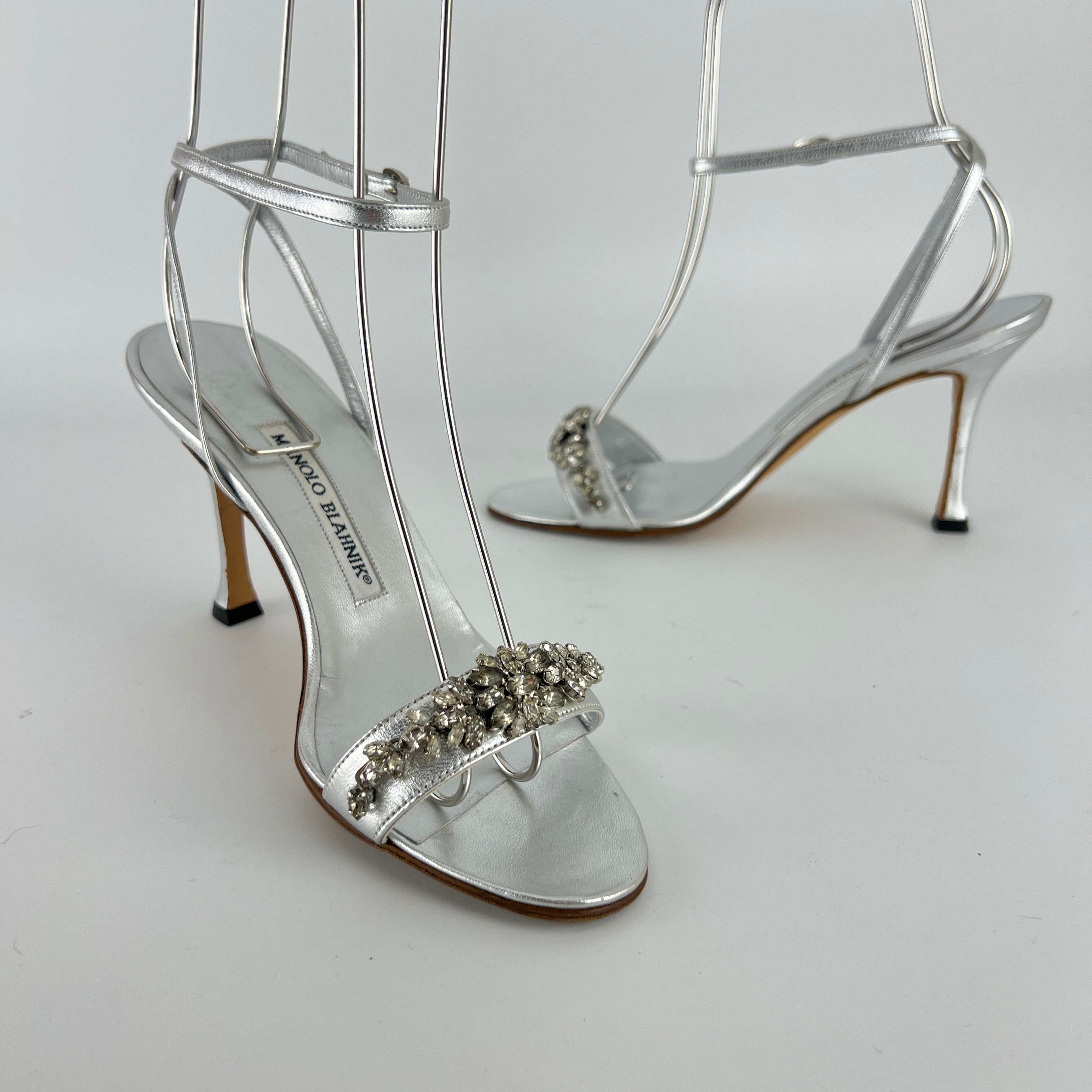 Manolo Blahnik | Vintage Lafefeba Metallic Silver Leather Jewel Strap Ankle Wrap Heels (37)