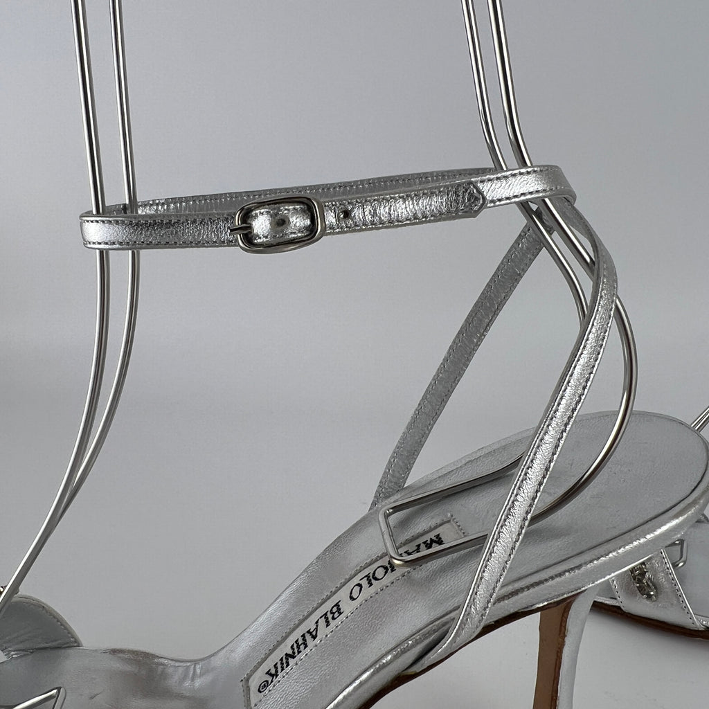 Manolo Blahnik | Vintage Lafefeba Metallic Silver Leather Jewel Strap Ankle Wrap Heels (37)