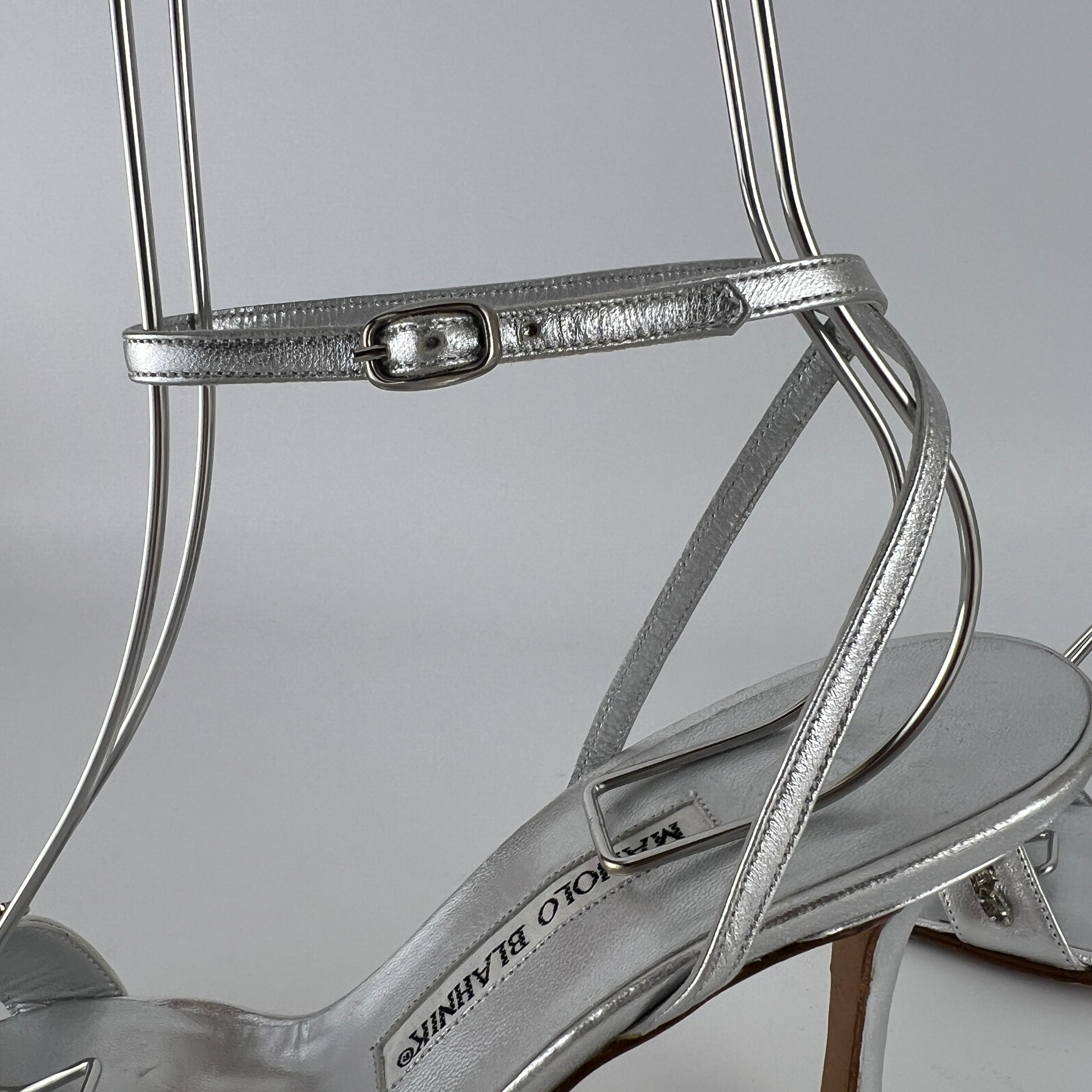 Manolo Blahnik | Vintage Lafefeba Metallic Silver Leather Jewel Strap Ankle Wrap Heels (37)