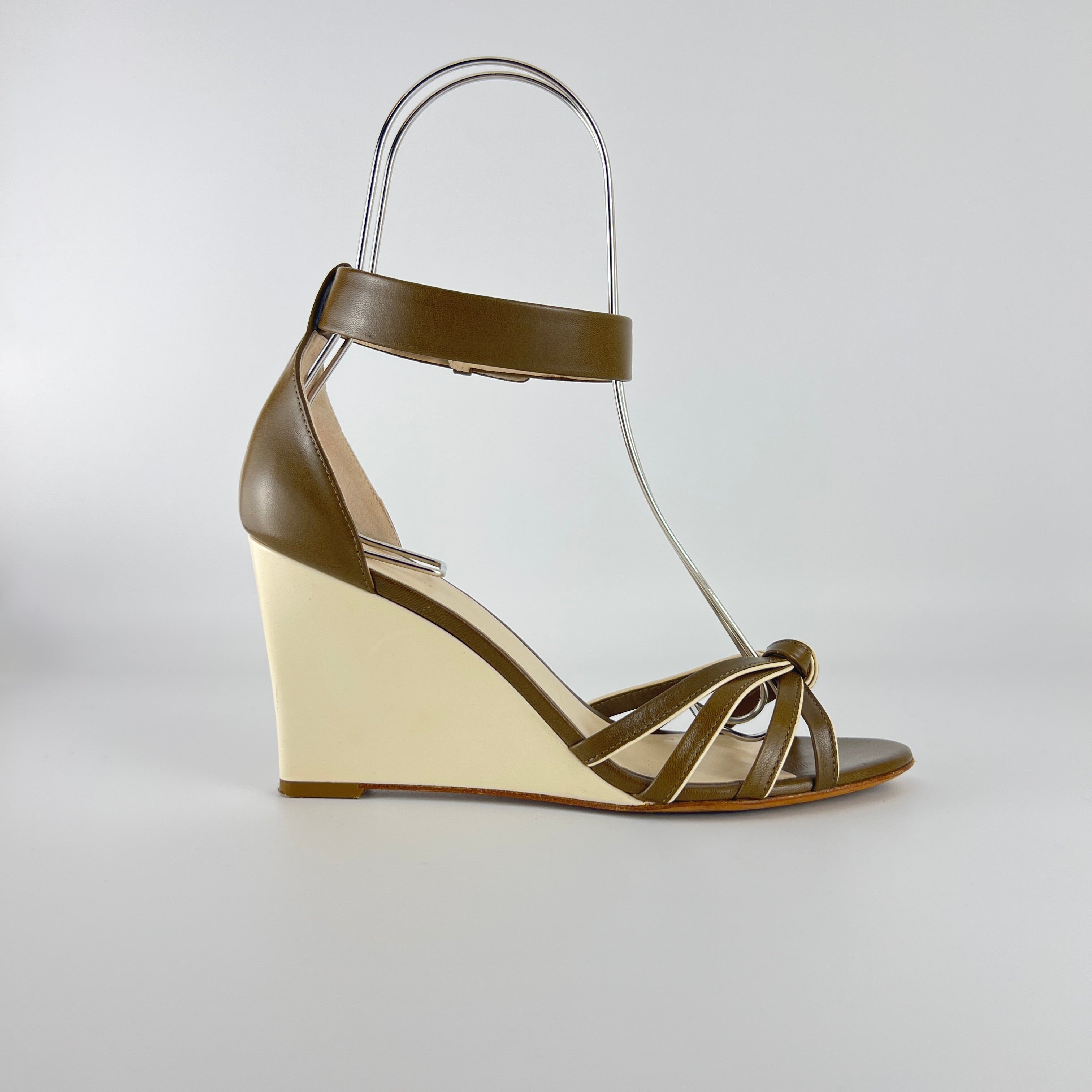 Celine | Olive Green Cream Leather Sandal Ankle Strap Wedge Heels (37)