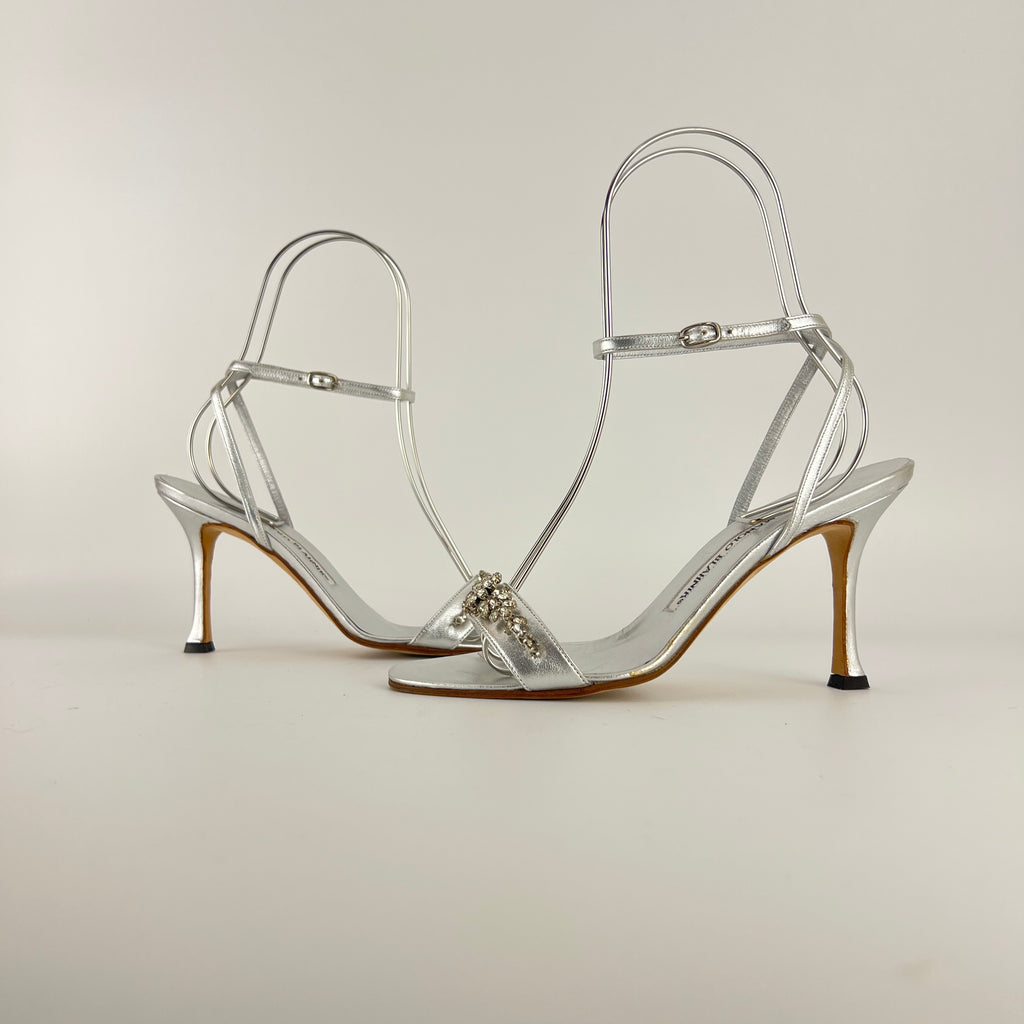 Manolo Blahnik | Vintage Lafefeba Metallic Silver Leather Jewel Strap Ankle Wrap Heels (37)