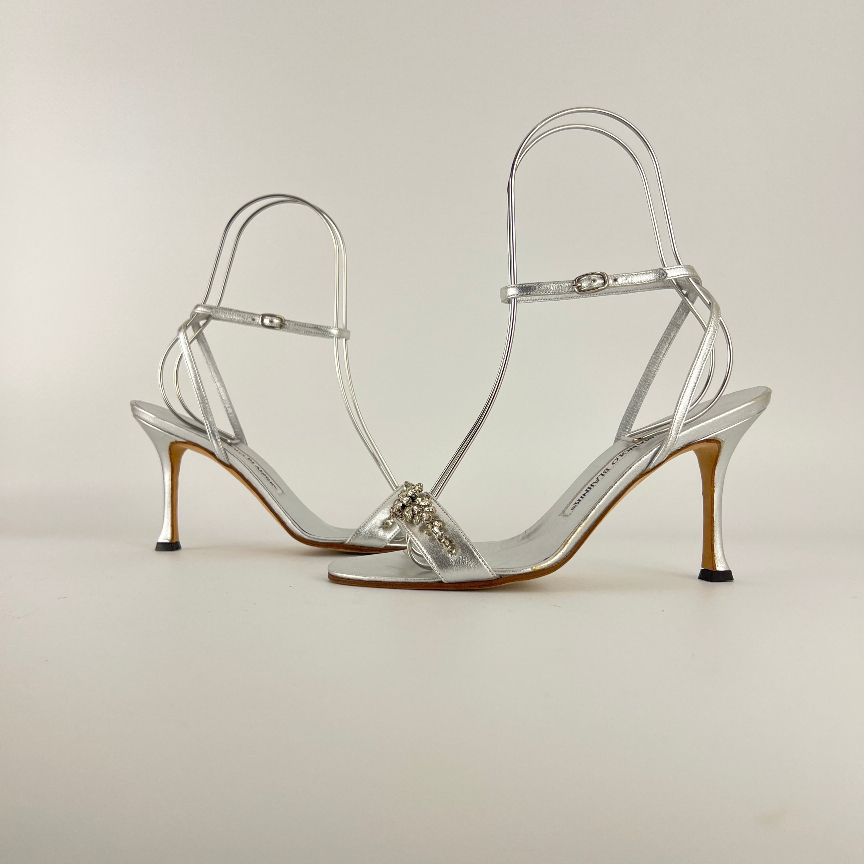 Manolo Blahnik | Vintage Lafefeba Metallic Silver Leather Jewel Strap Ankle Wrap Heels (37)
