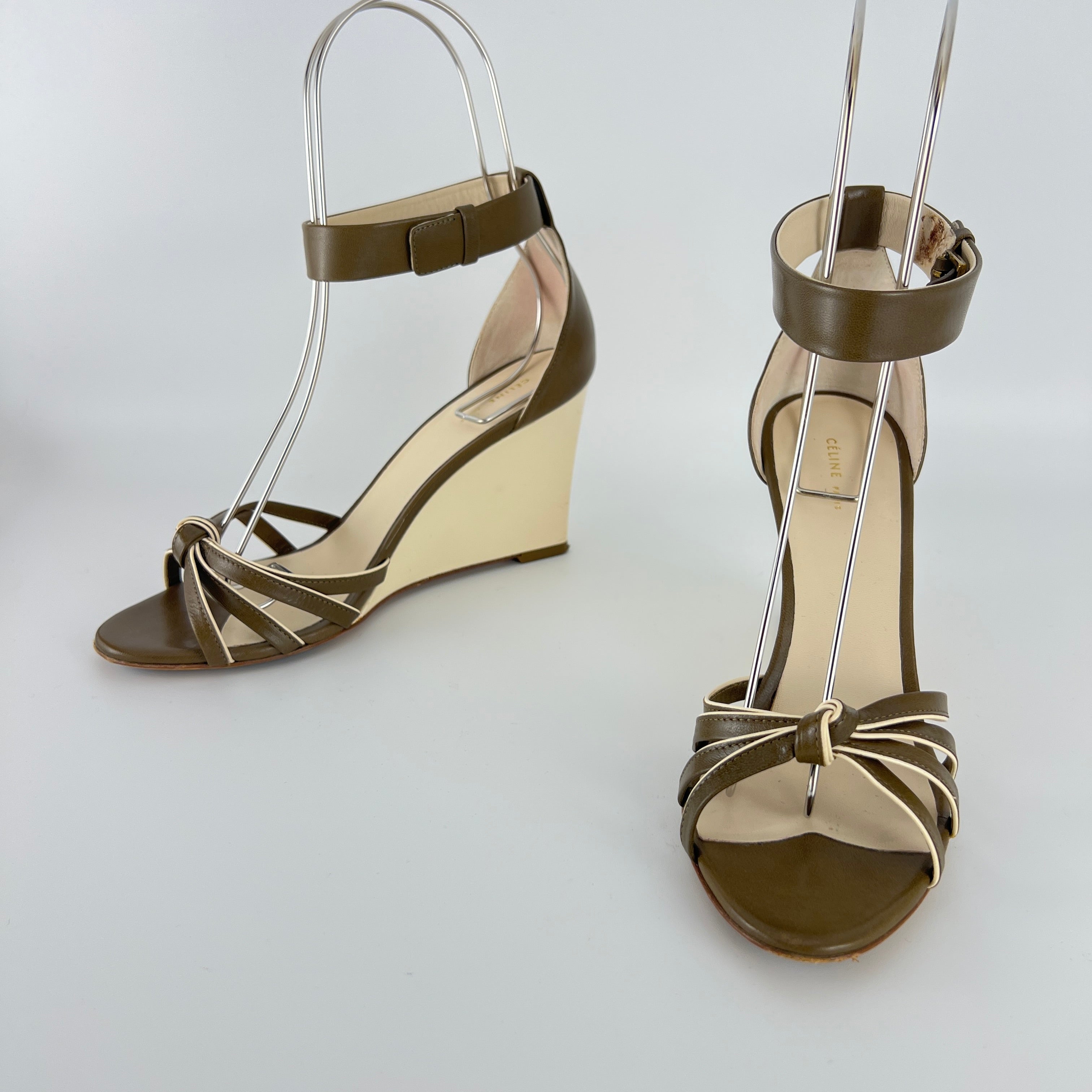 Celine | Olive Green Cream Leather Sandal Ankle Strap Wedge Heels (37)