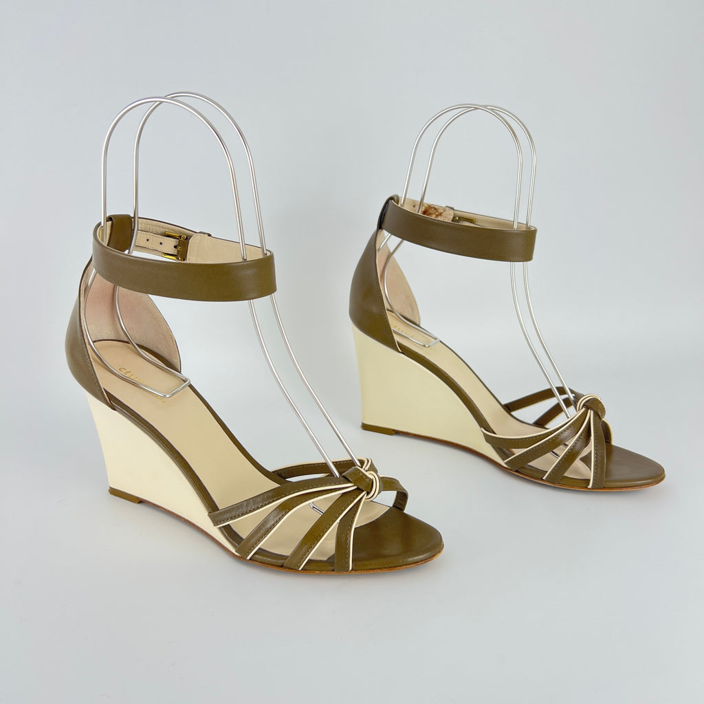 Celine | Olive Green Cream Leather Sandal Ankle Strap Wedge Heels (37)
