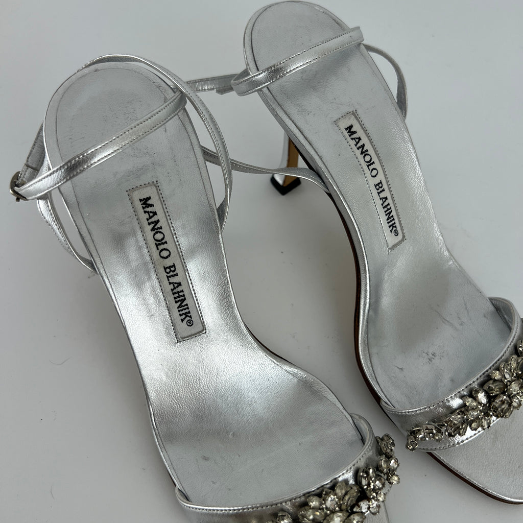Manolo Blahnik | Vintage Lafefeba Metallic Silver Leather Jewel Strap Ankle Wrap Heels (37)
