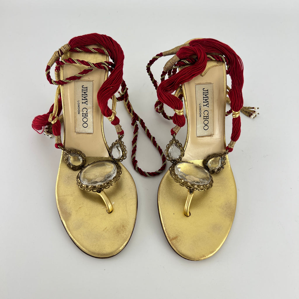 Jimmy Choo | Gold Metallic Leather Clear Gem Red Tassel Lace Up Thong Heels (37)