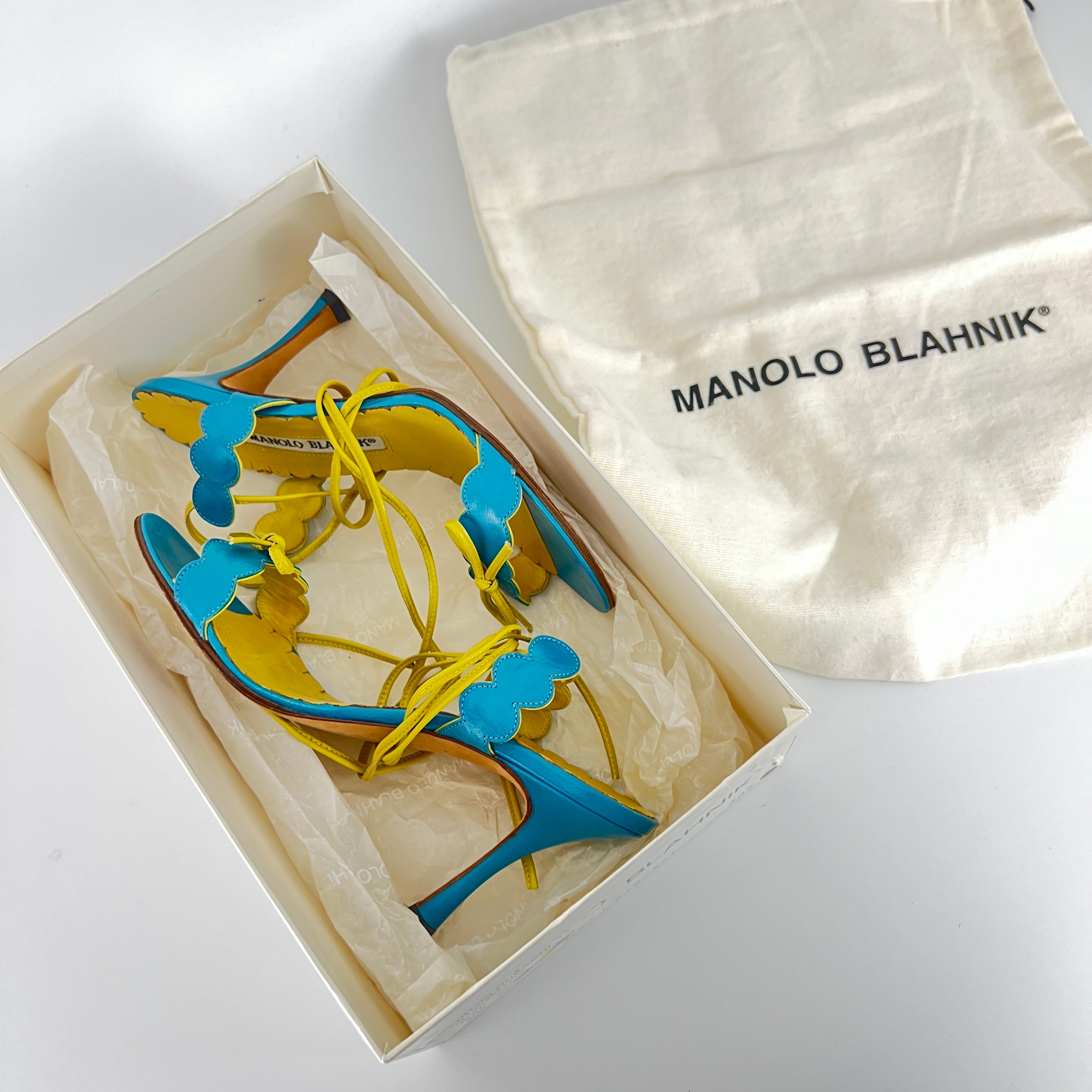 Manolo Blahnik | Vintage Nuraghi Turquoise Blue Yellow Bow Sandal Heel Rare (34.5)