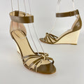 Celine | Olive Green Cream Leather Sandal Ankle Strap Wedge Heels (37)