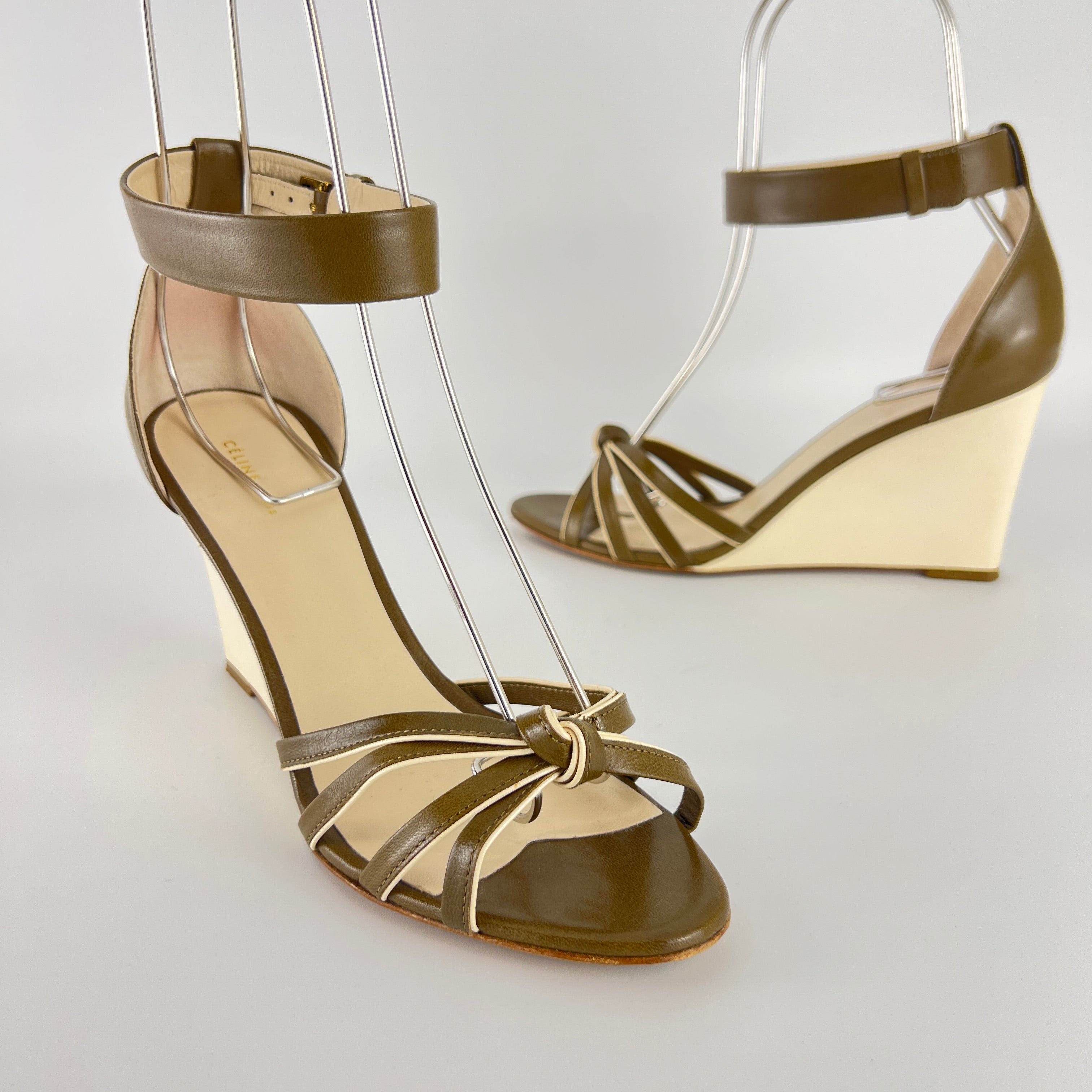 Celine | Olive Green Cream Leather Sandal Ankle Strap Wedge Heels (37)