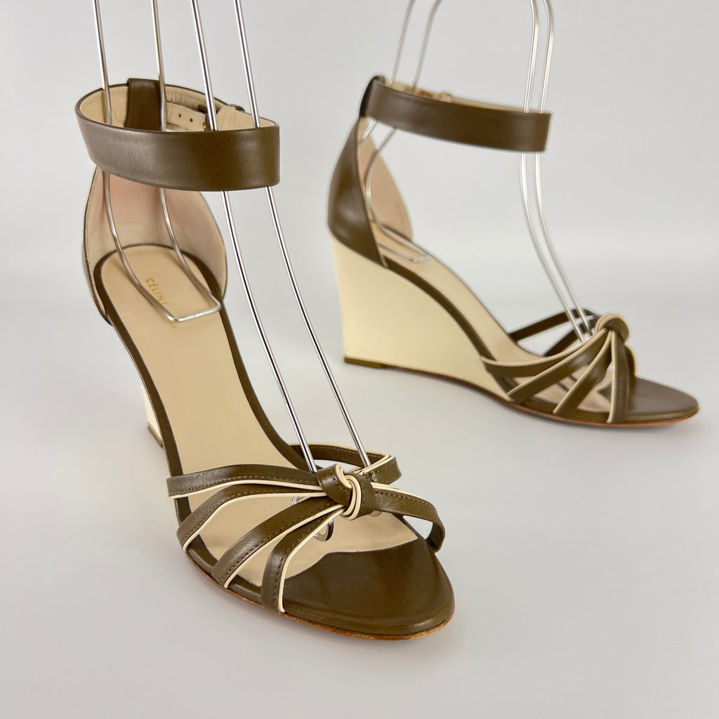 Celine | Olive Green Cream Leather Sandal Ankle Strap Wedge Heels (37)