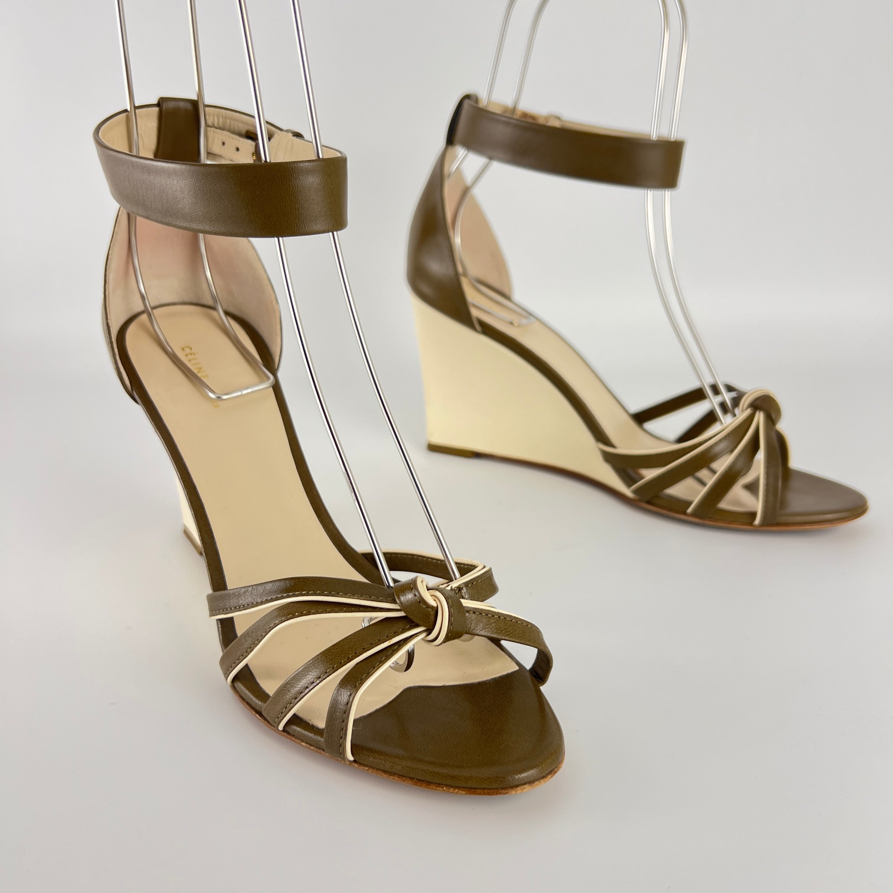 Celine | Olive Green Cream Leather Sandal Ankle Strap Wedge Heels (37)