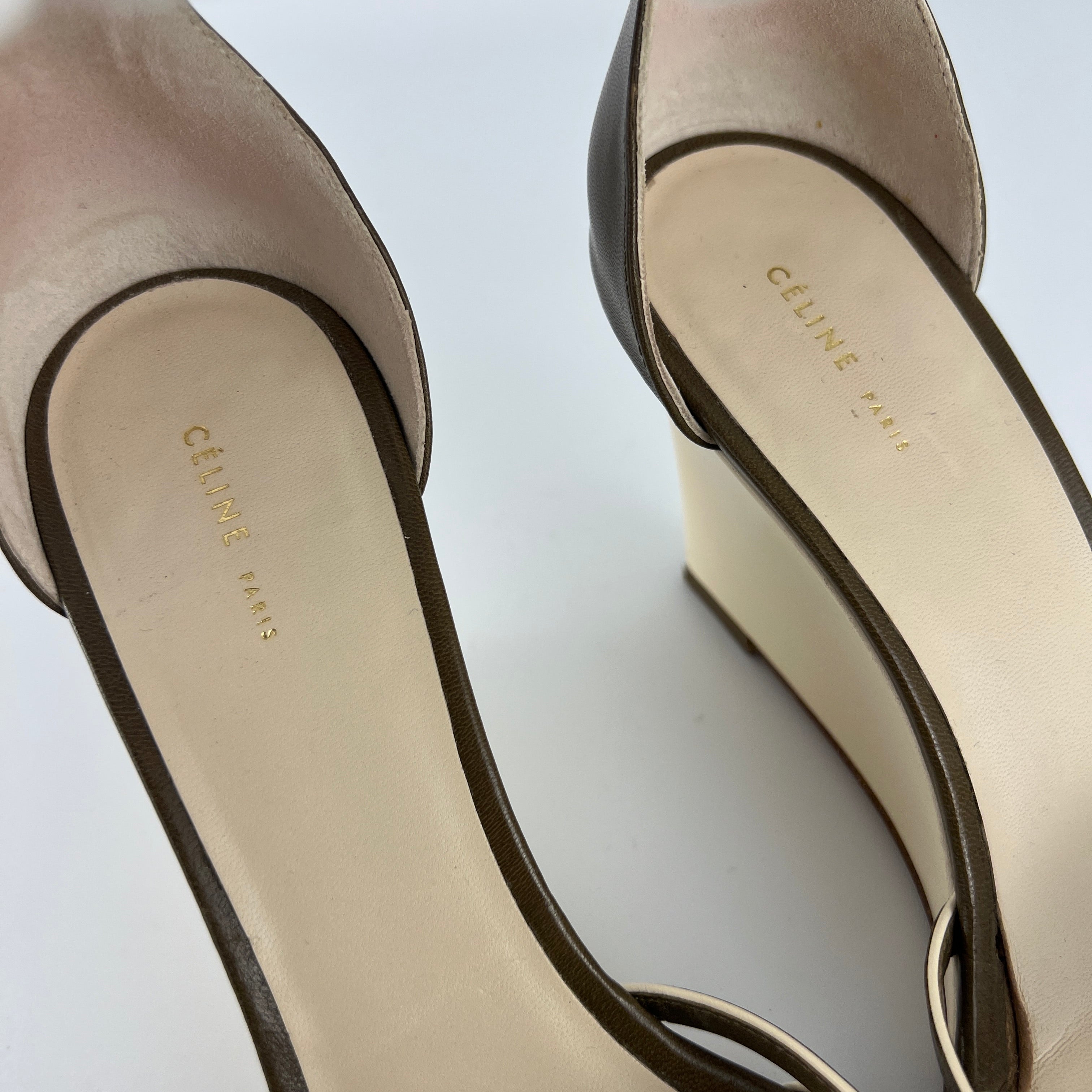 Celine | Olive Green Cream Leather Sandal Ankle Strap Wedge Heels (37)
